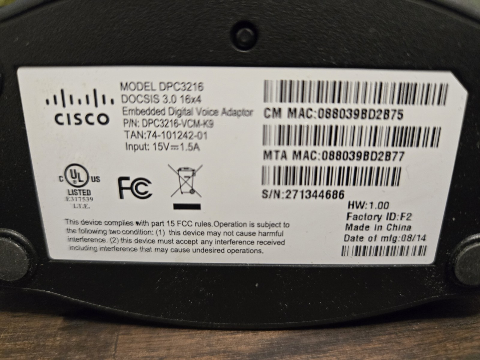 Cisco DPC3216 DOCSIS 3.0 Cable Modem + Digital Voice Adapter 16×4 w/Power Supply