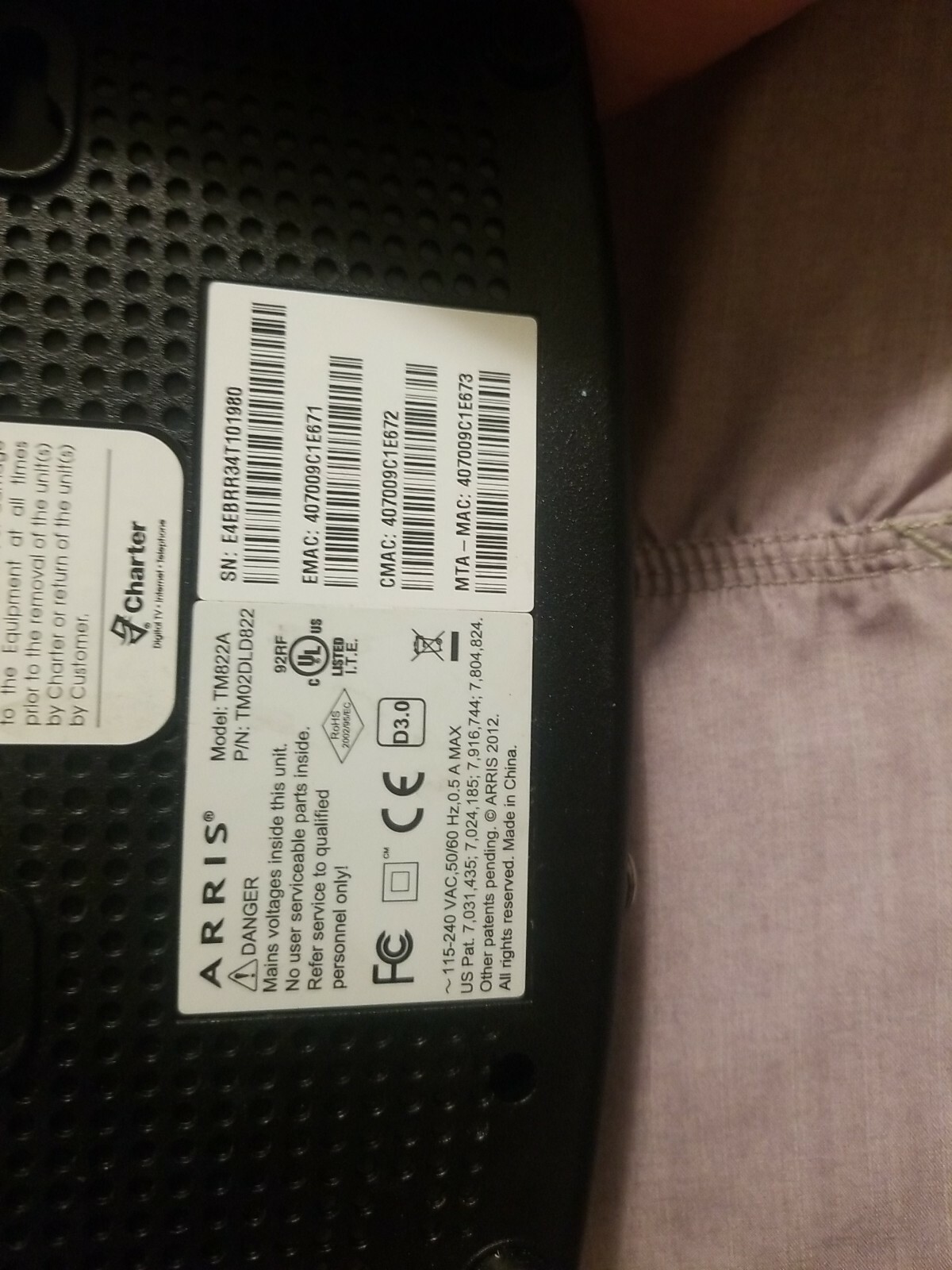 Arris TM822A Cable Modem Docsis 3.0 Telephony Modem(Optimum Cablevision Charter)