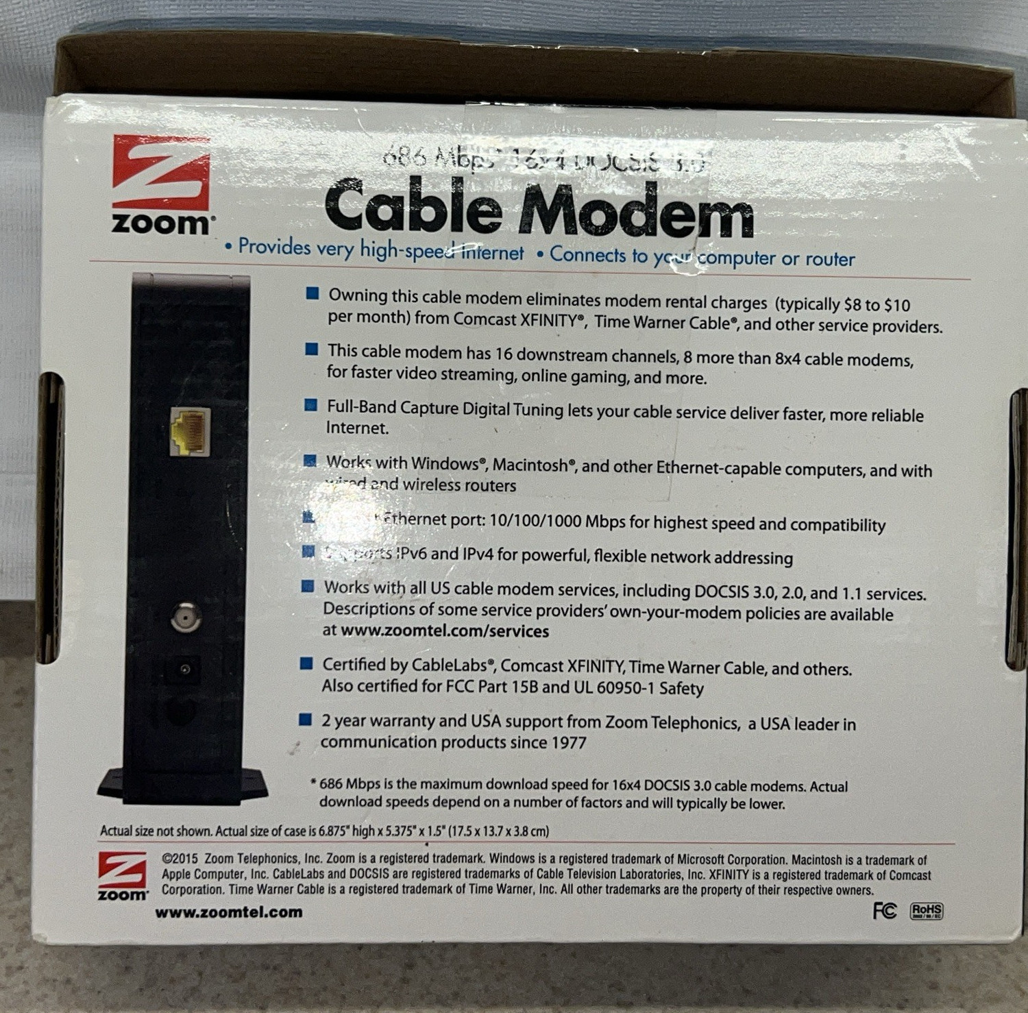 ZOOM Cable Modem Model 5370: 686 Mbps* 16×4 DOCSIS 3.0. New-Open Box