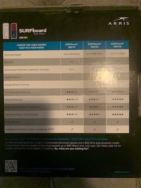 ARRIS SB6183 SURF Board 16 x 4 686 Mbps DOCSIS Speed 3.0 Cable Modem White New