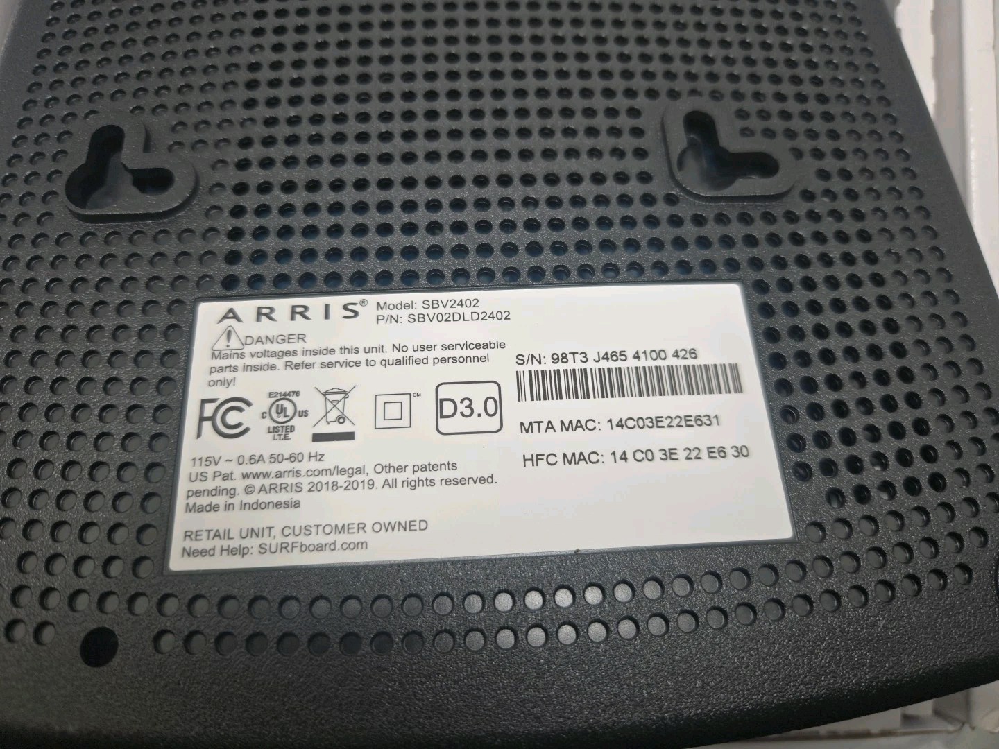 ARRIS SURFboard SBV2402 DOCSIS 3.0 Cable Modem