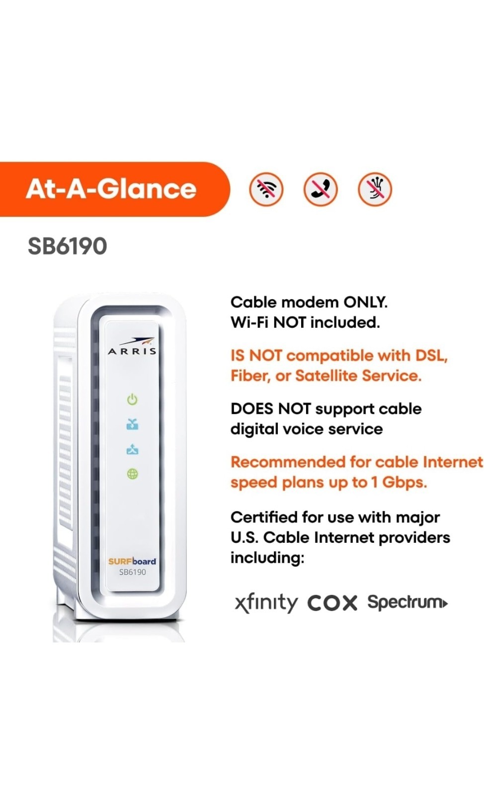 ARRIS Surfboard SB6190-RB DOCSIS 3.0 Cable Modem, White