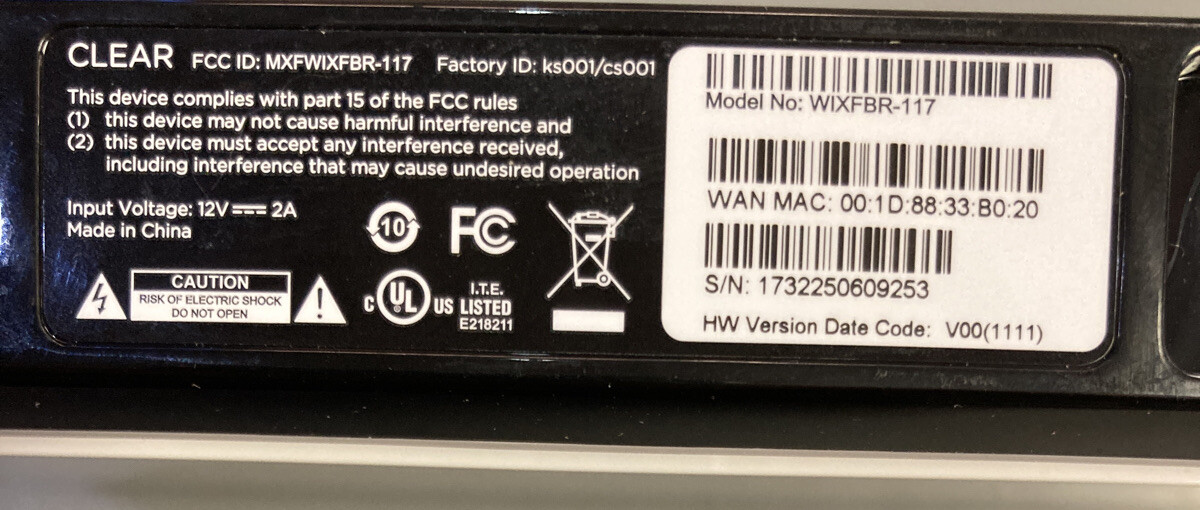 Clear Modem with Wifi Model# WIXFBR-117 w/Power Adapter