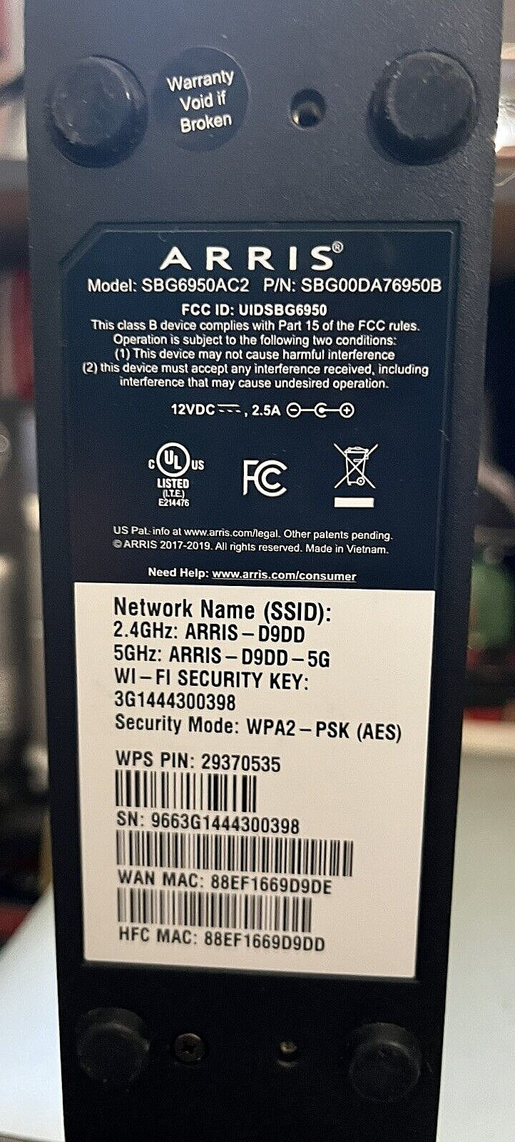 ARRIS 2.4 GHz Cable Modem Model SBG6950AC2 Intel Inside with Adaptor