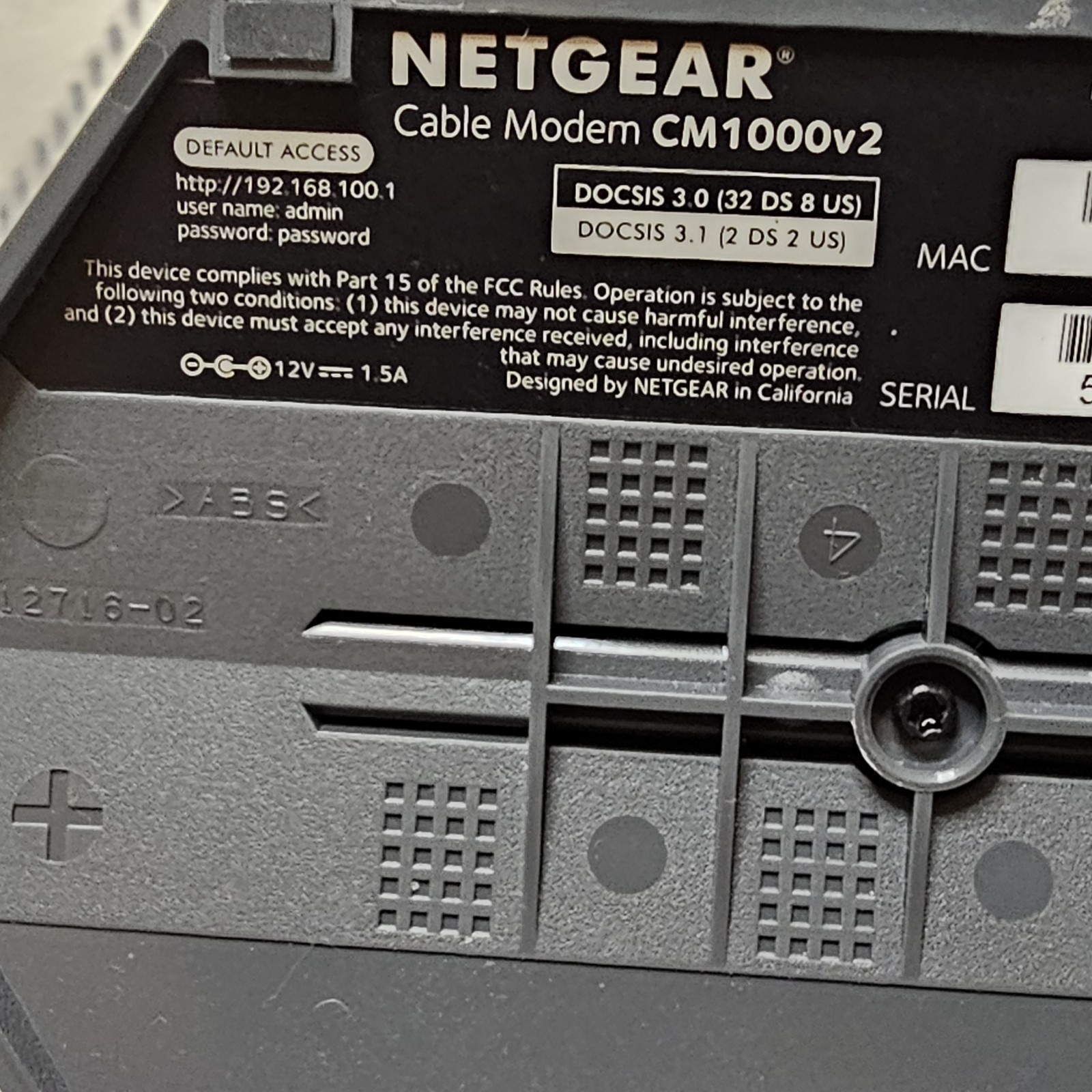 Netgear CM1000v2 Cable Modem With 100-120V AC-DC Power Adapter Used