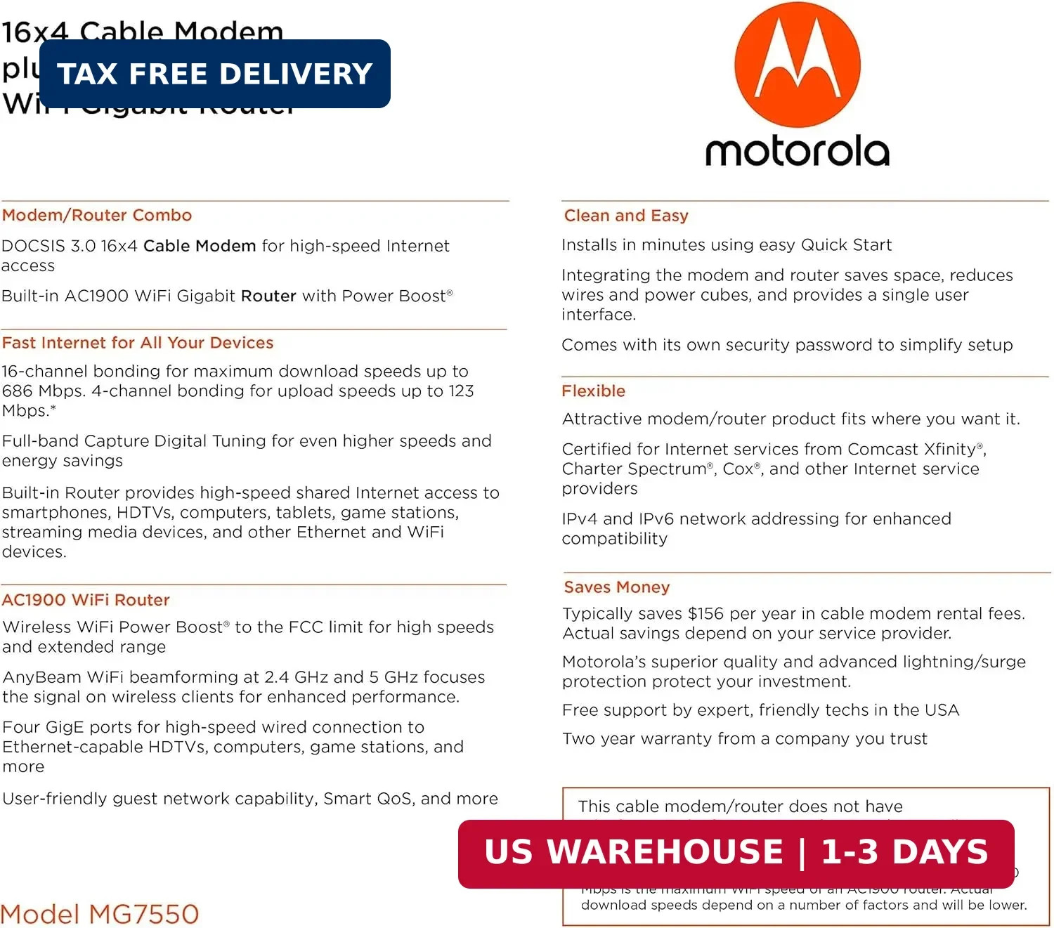 Motorola MG7550 16×4 Cable Modem Plus AC1900 Dual Band WiFi Gigabit Router with