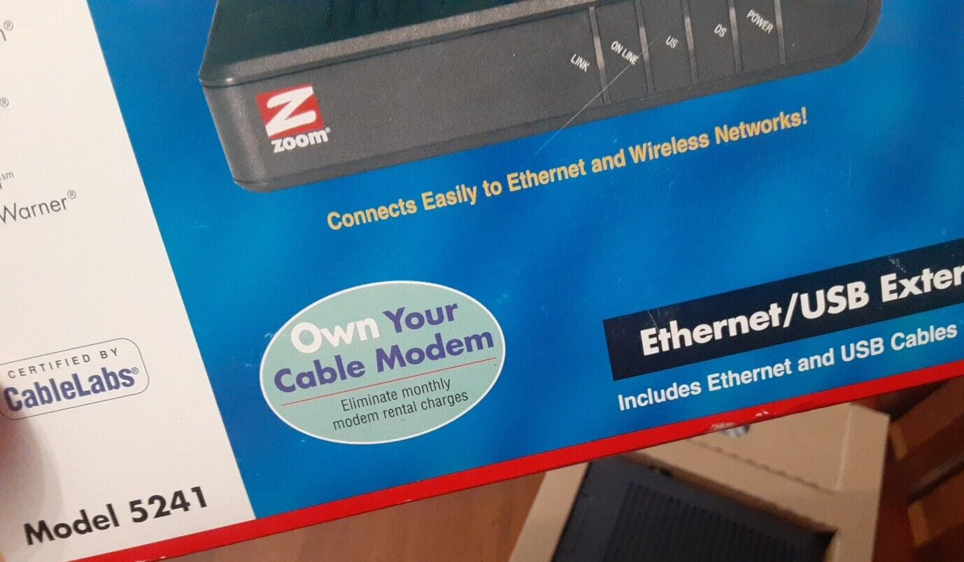 Zoom Cable Modem Ethernet/USB External Mod. 5241 Windows Mac Linus Unix Open Box