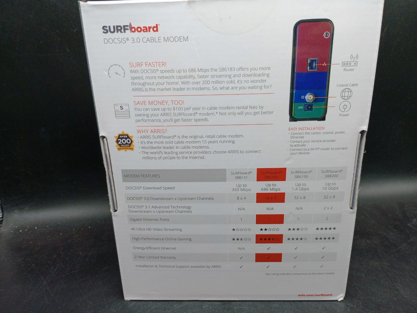 ARRIS SB6183 SURFboard DOCSIS 3.0 Cable Modem 686 Mbps 16×4 Channels