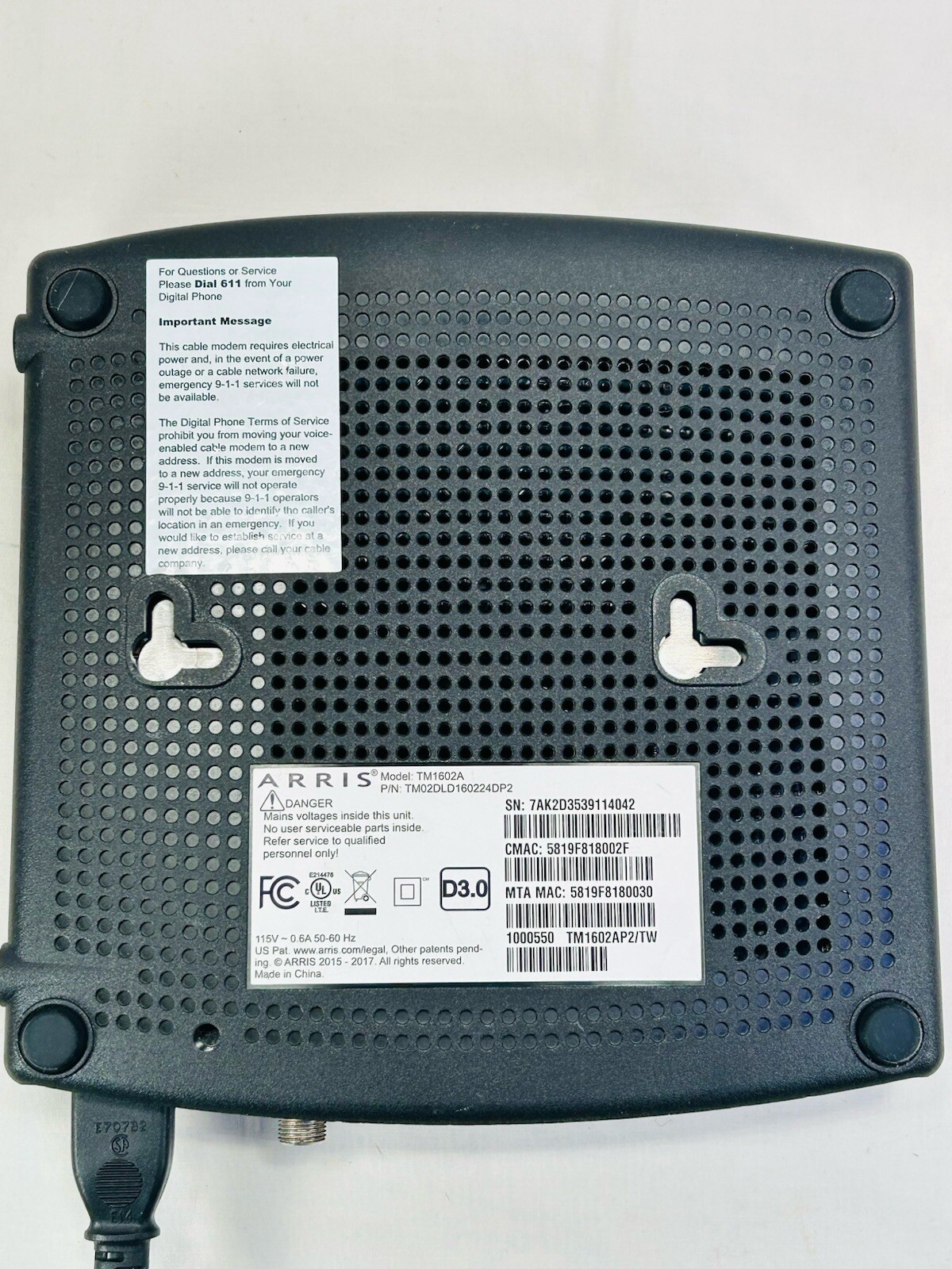 ARRIS Touchstone TM1602 D3.0 2015-2017 NOT TESTED PARTS ONLY
