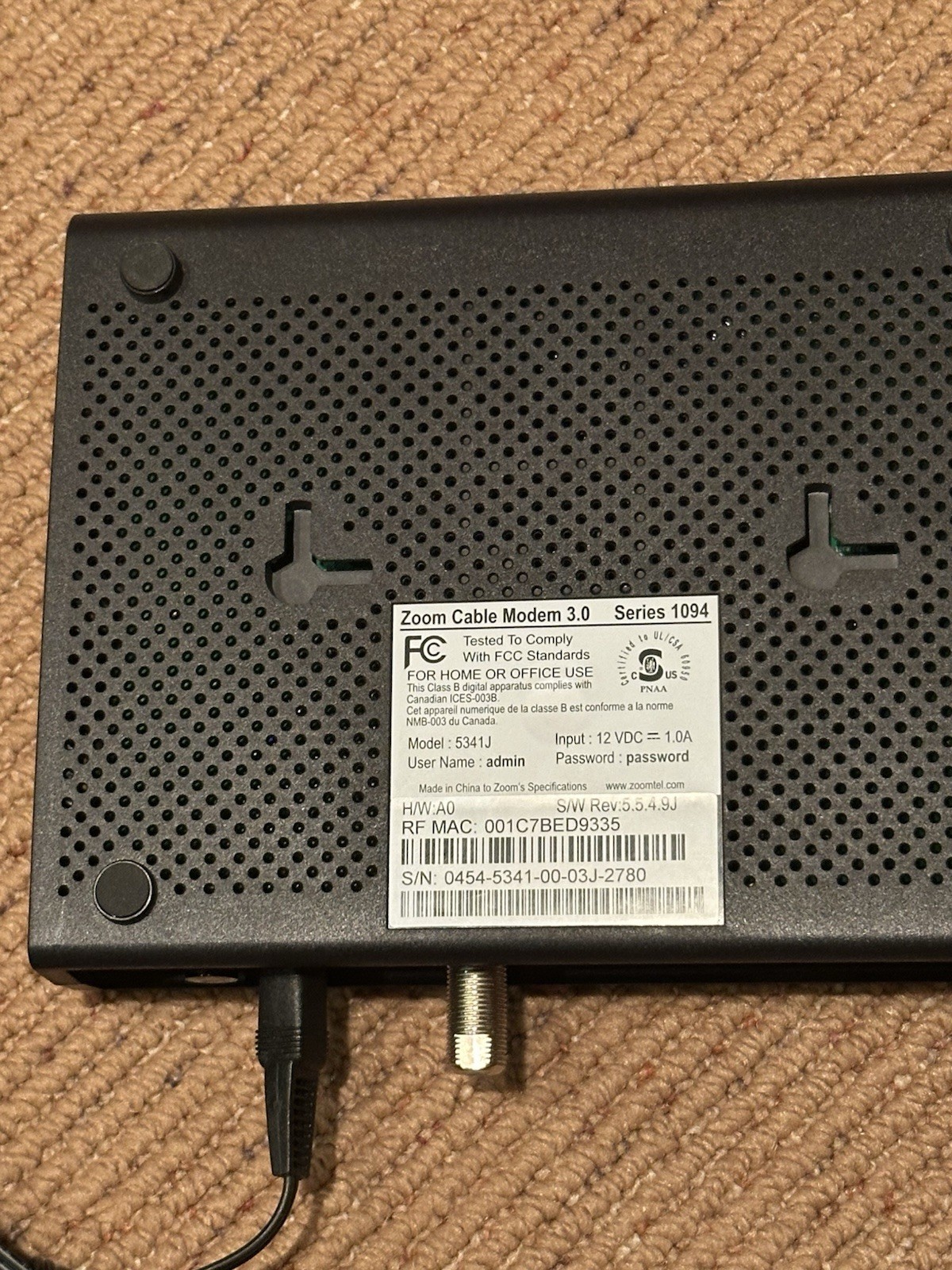 Zoom Cable Modem 3.0 Series 1094 With Power Supply