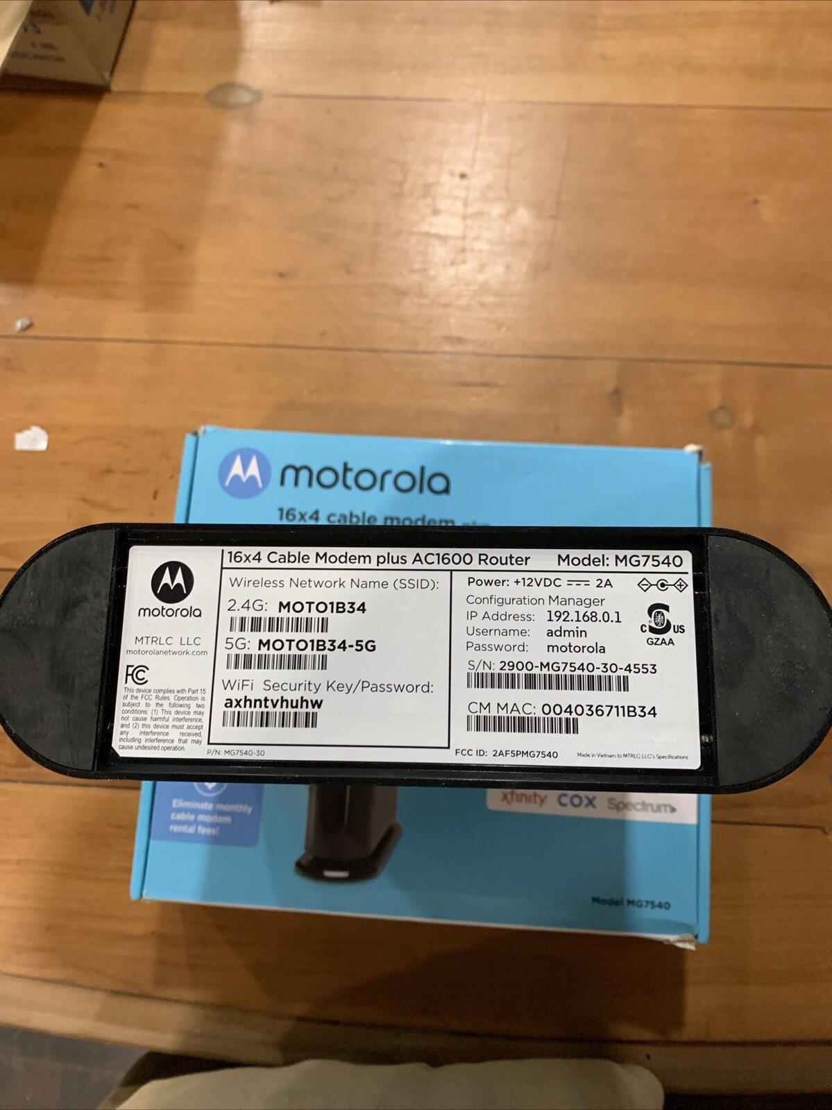Motorola MG7540 (16×4) Cable Modem + AC1600 Dual Band Wi-Fi Router Used