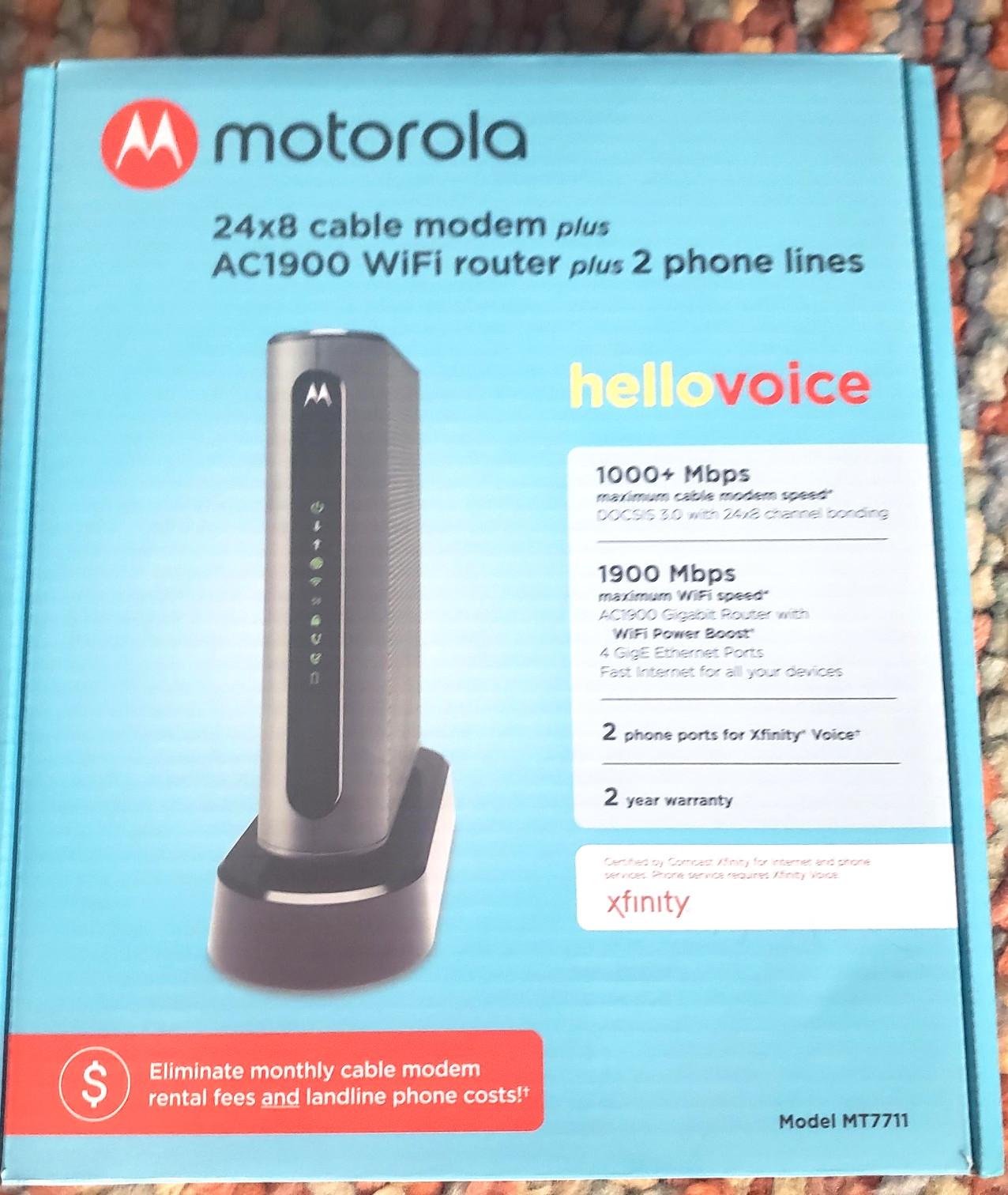Motorola MT7711 24×8 Cable Modem Plus AC1900 WiFi Router & 2 Phone Lines