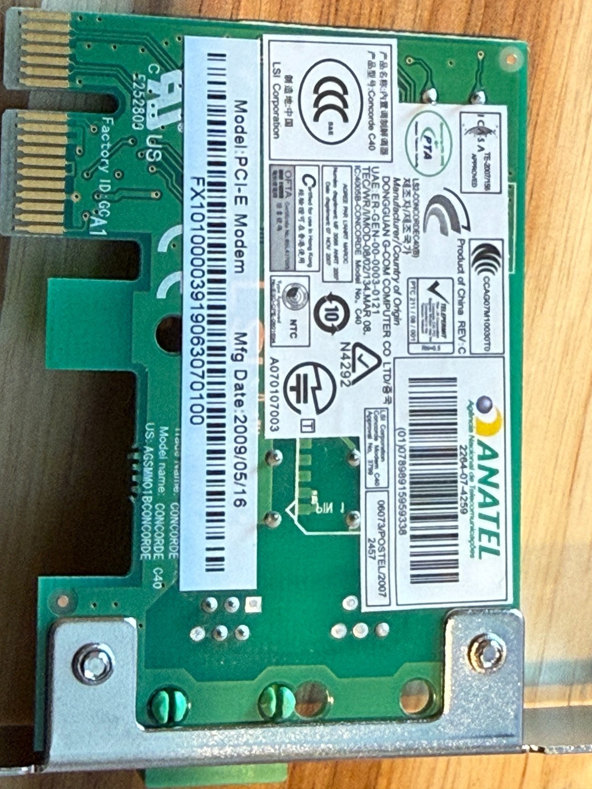 ANATEL 2264-07-4259 INTERNAL PCI-E INTERNAL MODEM NETWORK CARD