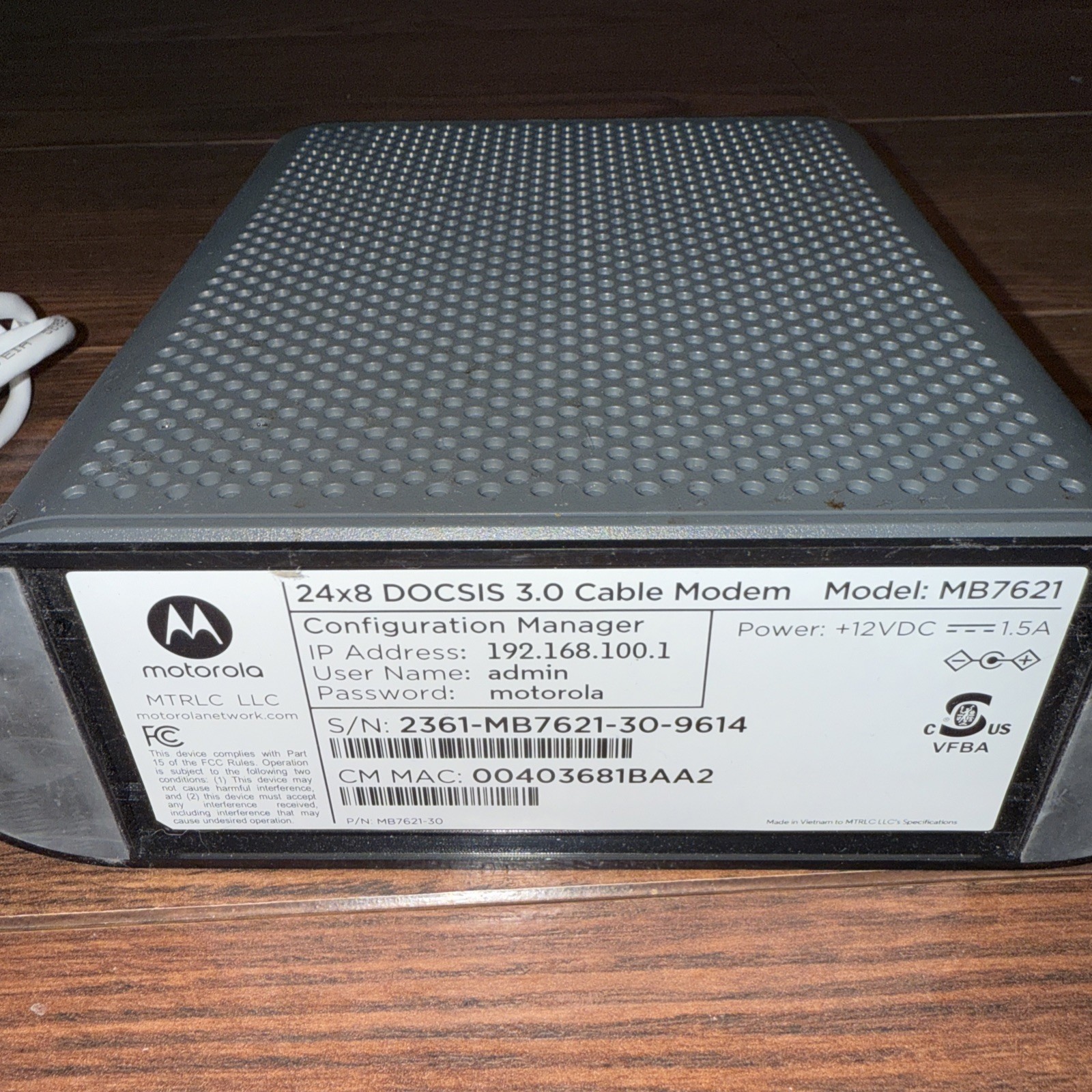 Motorola MB7621 24×8 DOCSIS 3.0 Cable Modem w/ Power Brick Ethernet Xfinity Cox