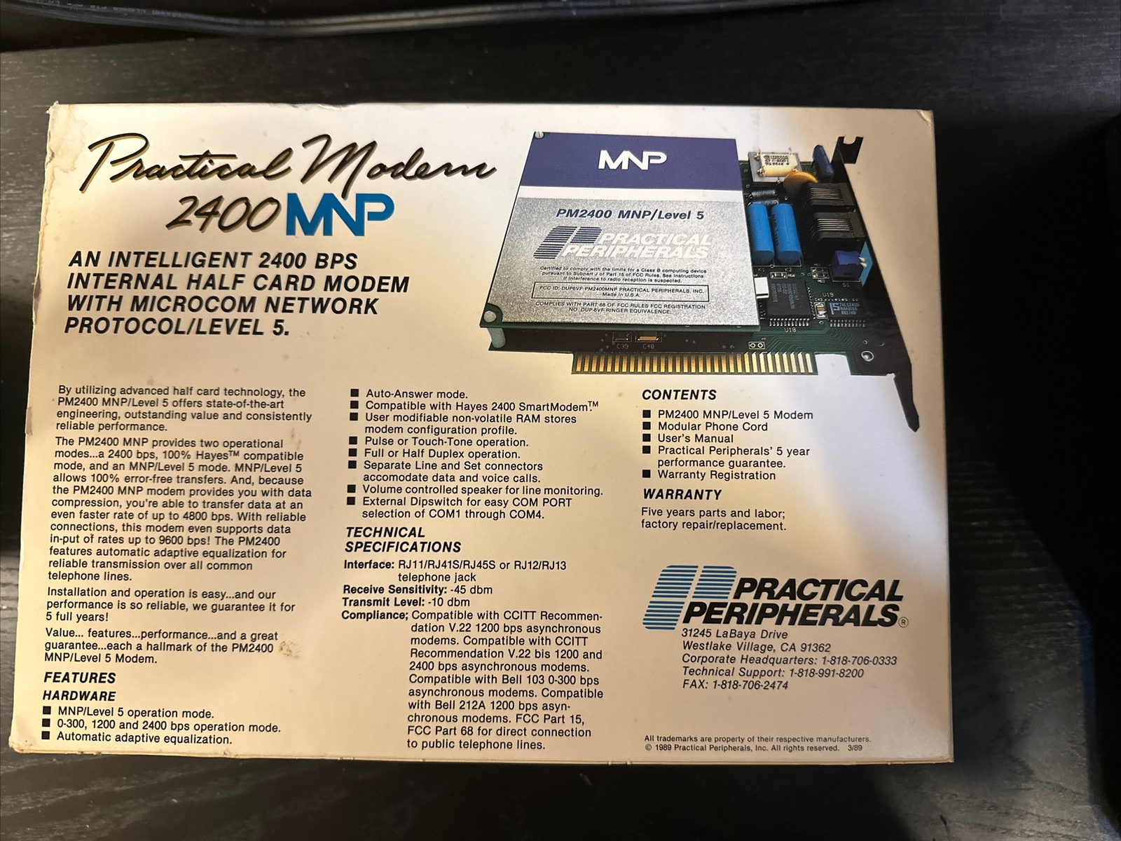 Practical Peripherals 2400 Practical Modem Internal Half Card Microcom Level 5