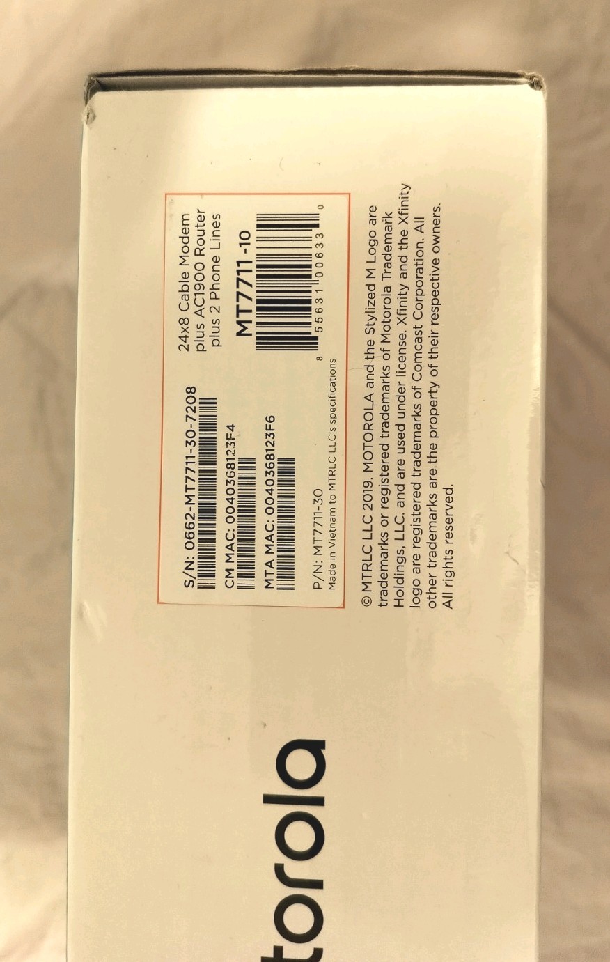 Motorola MT7711 24×8 Modem Router Two Phone Lines DOCSIS 3.0 AC1900 Dual Band