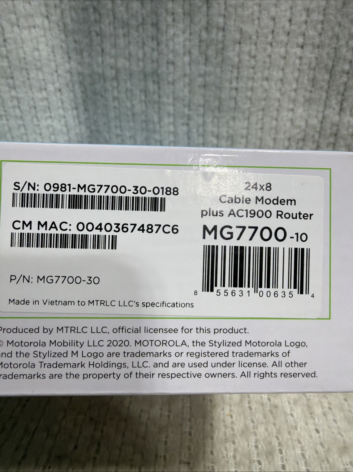Motorola MG7700 AC1900 Dual-Band DOCSIS 3.0 Cable Modem Router