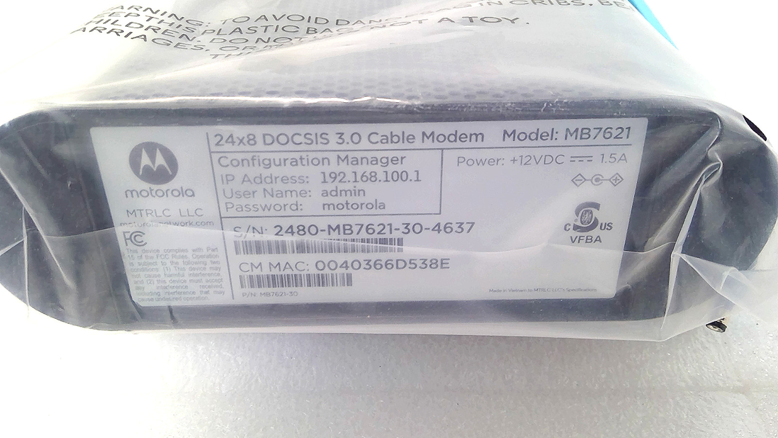 Open Box Motorola MB7621 1802 V1.0 Modem 1000 MBPS 24×8 Cable