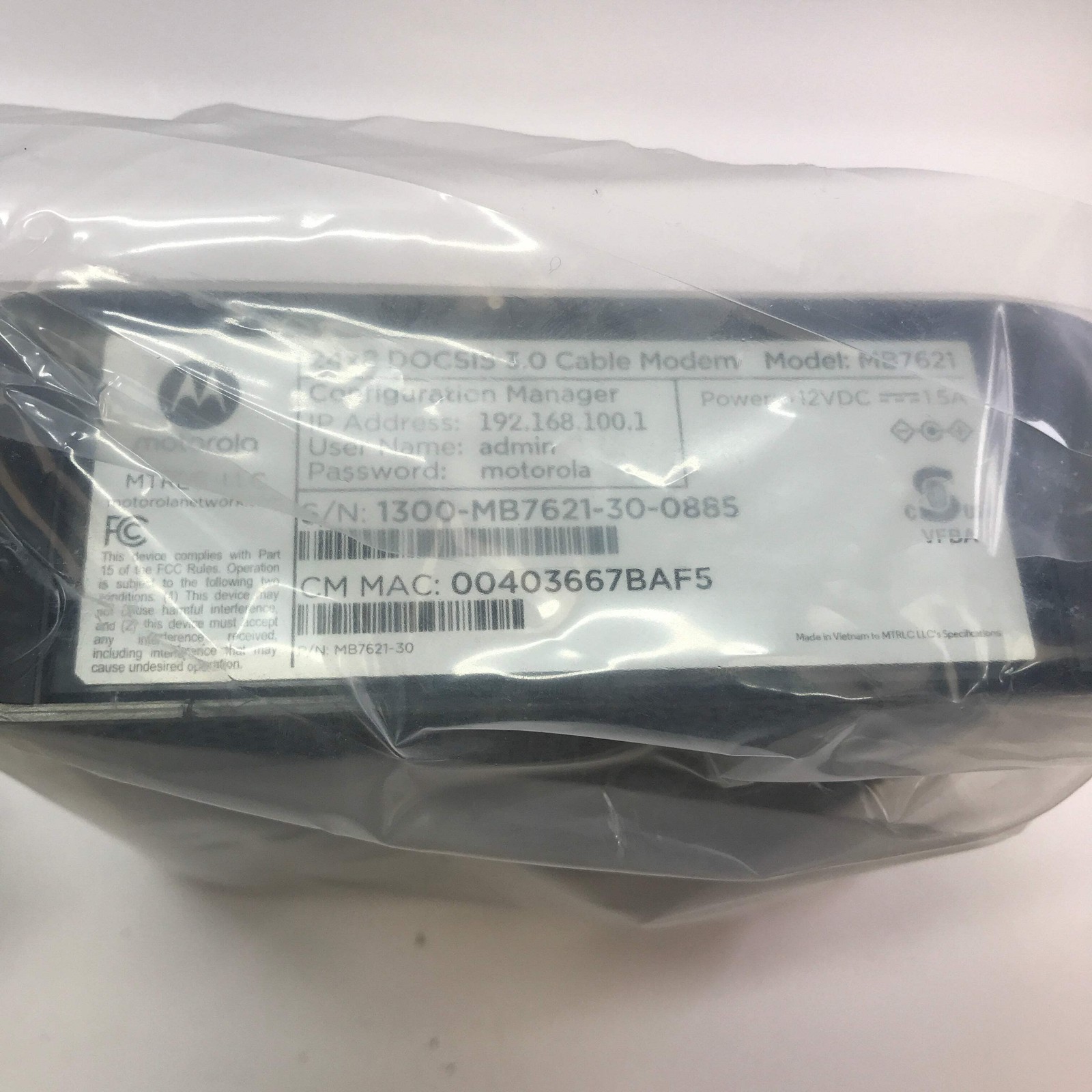 Motorola 24×8 Cable Modem MB7621-30 w/ Original Box, No Ethernet or Power Cable
