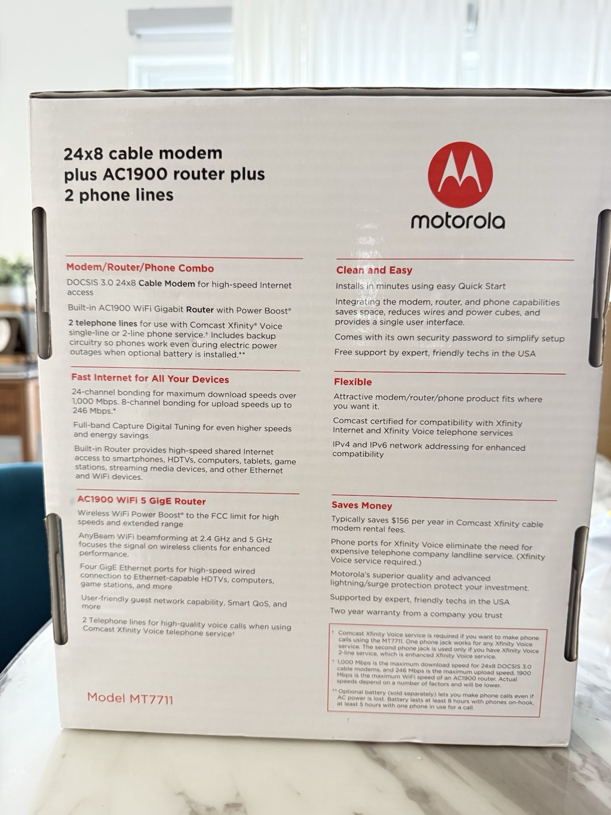 Motorola MT7711 24X8 Cable Modem and AC1900 Dual Band Wi-Fi Gigabit Router NEW