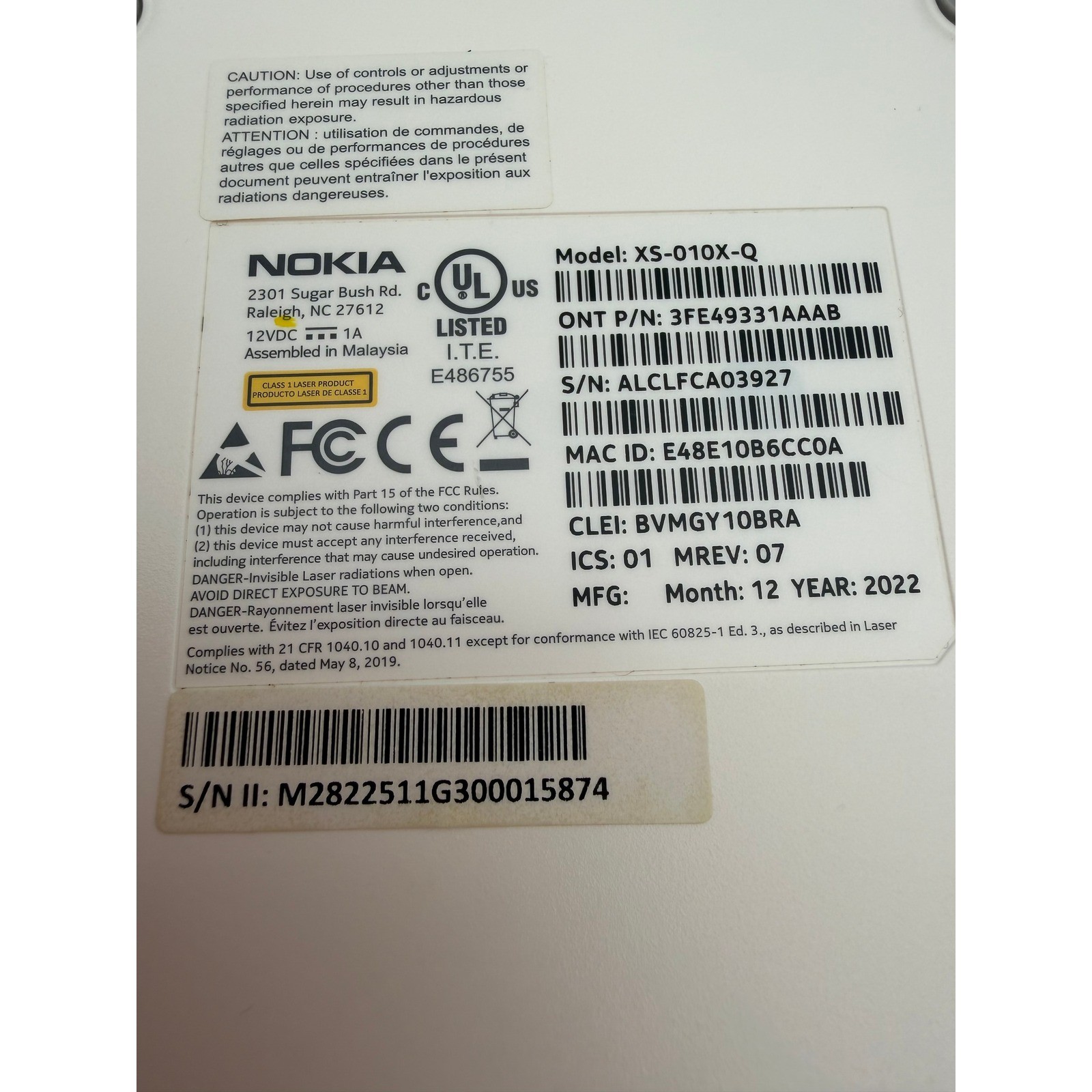 Nokia XS-010X-Q Optical Network Terminal ONT Fiber Modem White w Power Adapter
