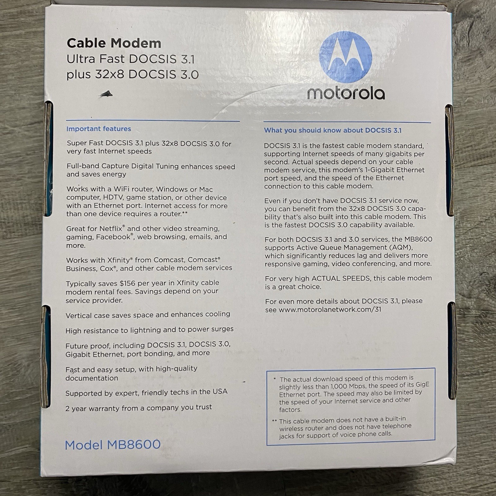 Motorola DOCSIS 3.1 Ultra Fast Cable Modem Model: MB8600 🔥🔥🔥