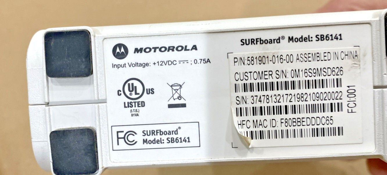 ARRIS SURFboard SB6141 Motorola White Modem W/ Power/Ethernet Cable High Powered