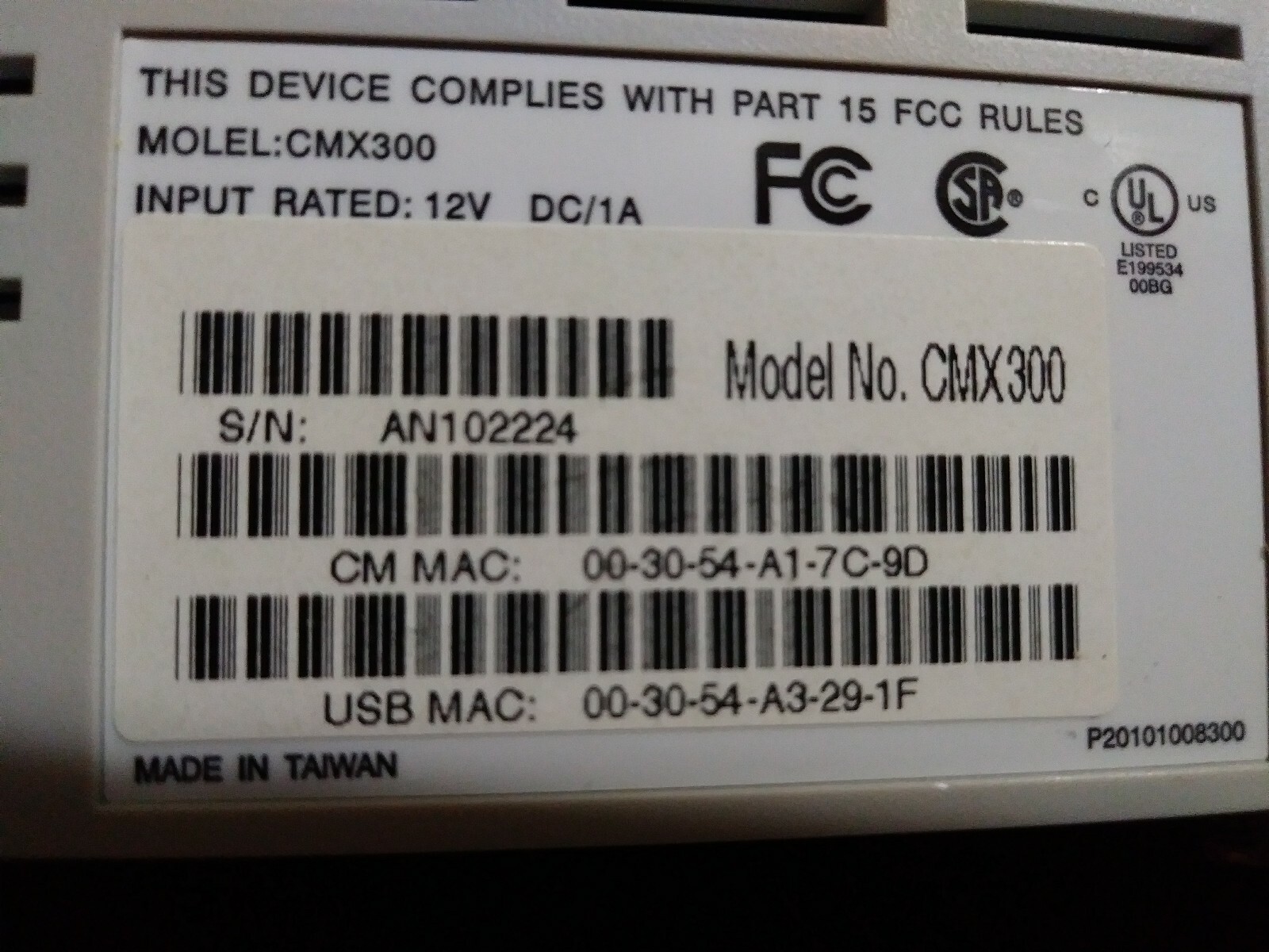 SMART ONE CABLE MODEM MODEL CMX300 WHITE MANUAL INCLUDED PC OR MAC
