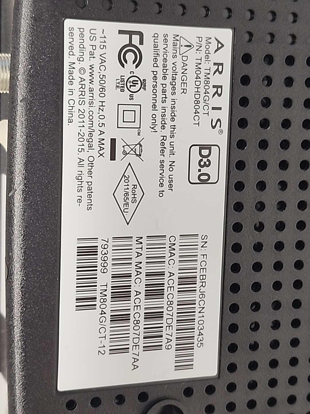 Arris Touchstone TM804G/CT Telephony Cable Modem Docsis 3.0 NO Adapter
