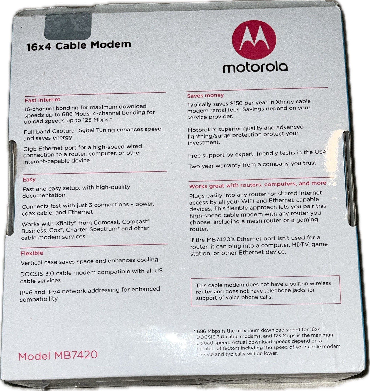 Motorola DOCSIS 3.0 16×4 Cable Modem – Up to 686 Mbps MB7420 Black NEW
