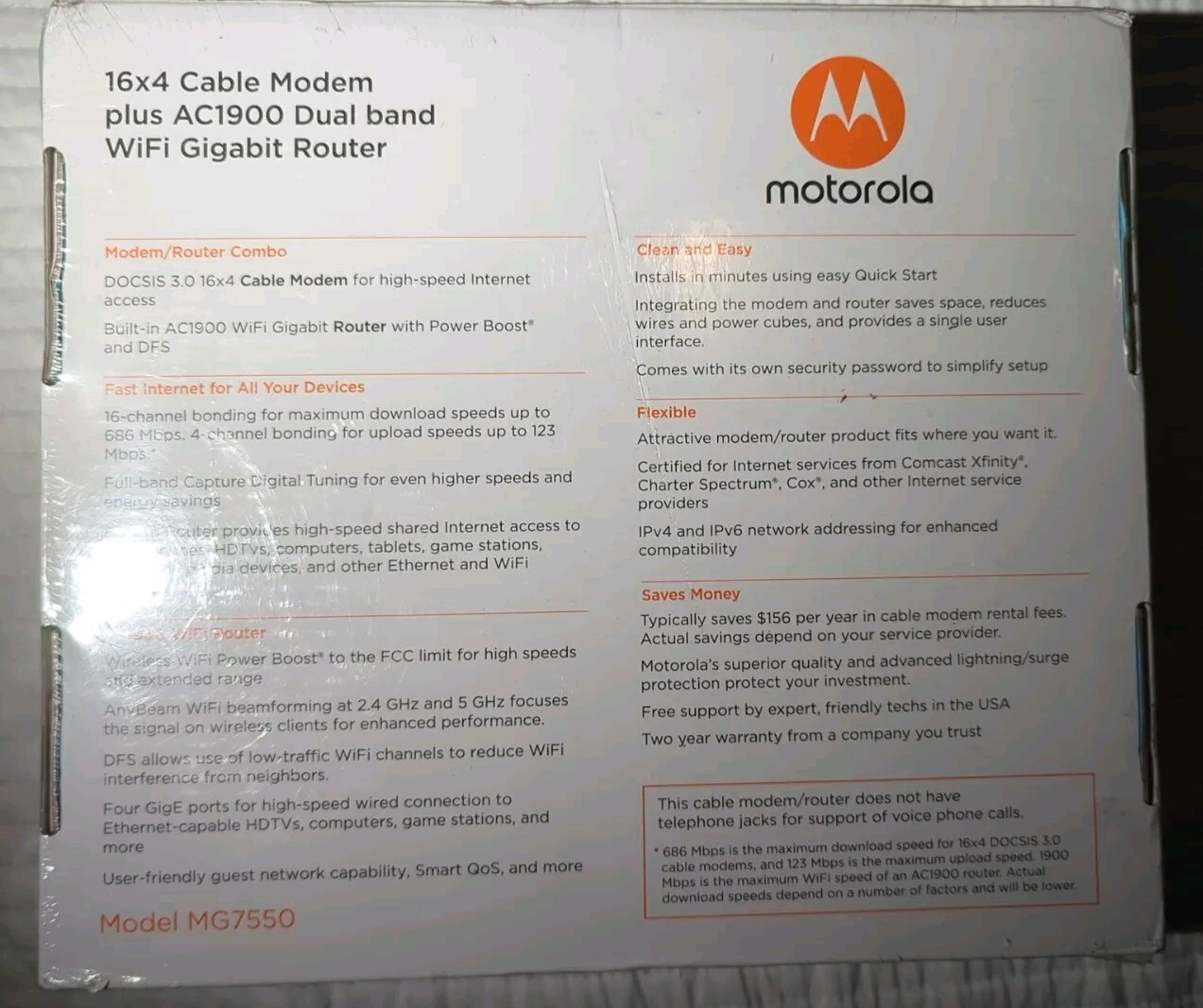 Motorola MG7550 16×4 DOCSIS 3.0 Cable Modem Plus AC1900 WiFi Router NEW SEALED
