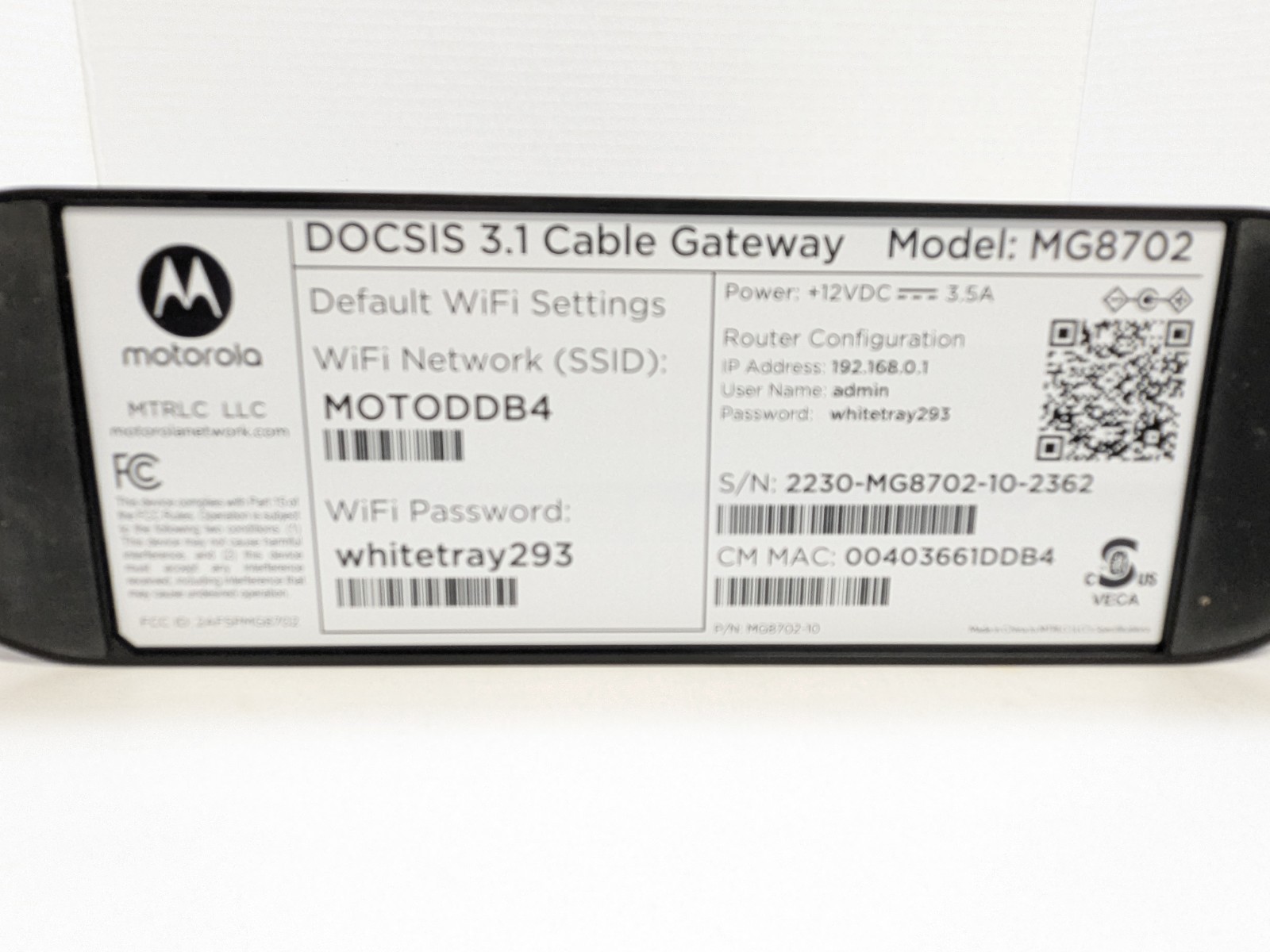 Motorola MG8702 DOCSIS 3.1 Cable Modem Router Combo AC3200 | 4-Port | Tested