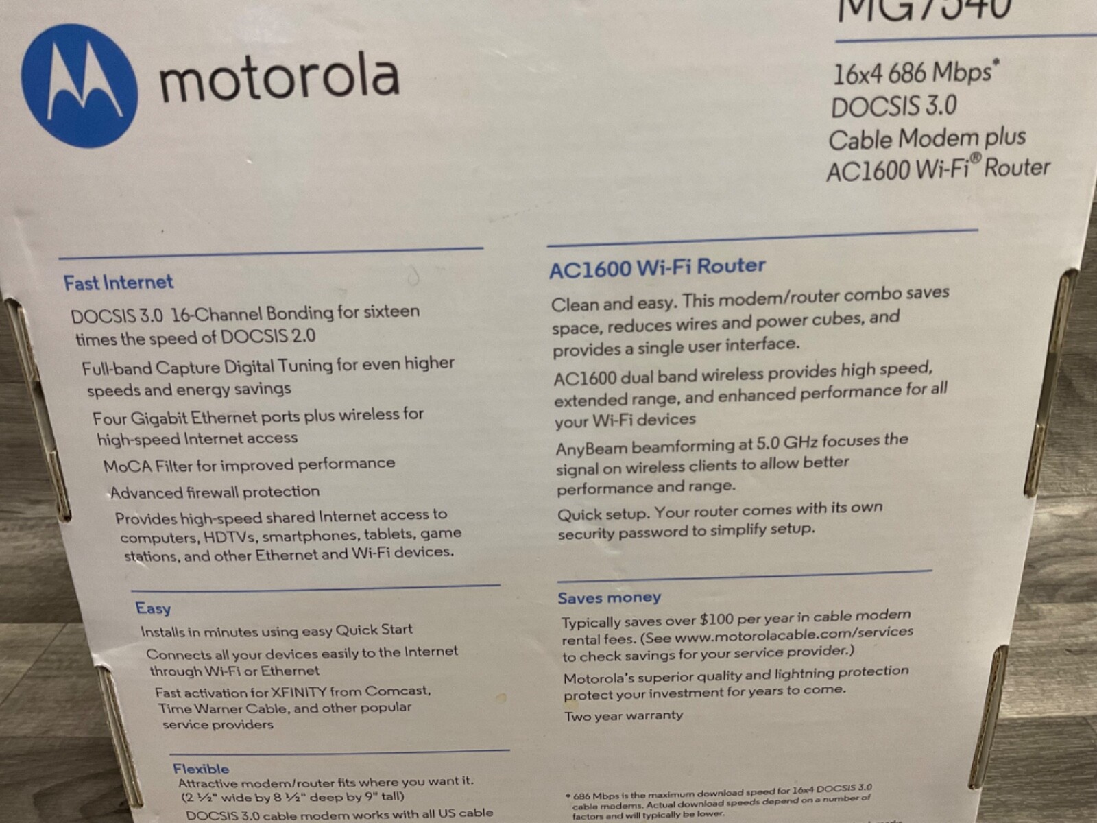 Motorola MG7540 DOCSIS 3.0, 16×4 Cable Modem WIFI Router 2.4G / 5G