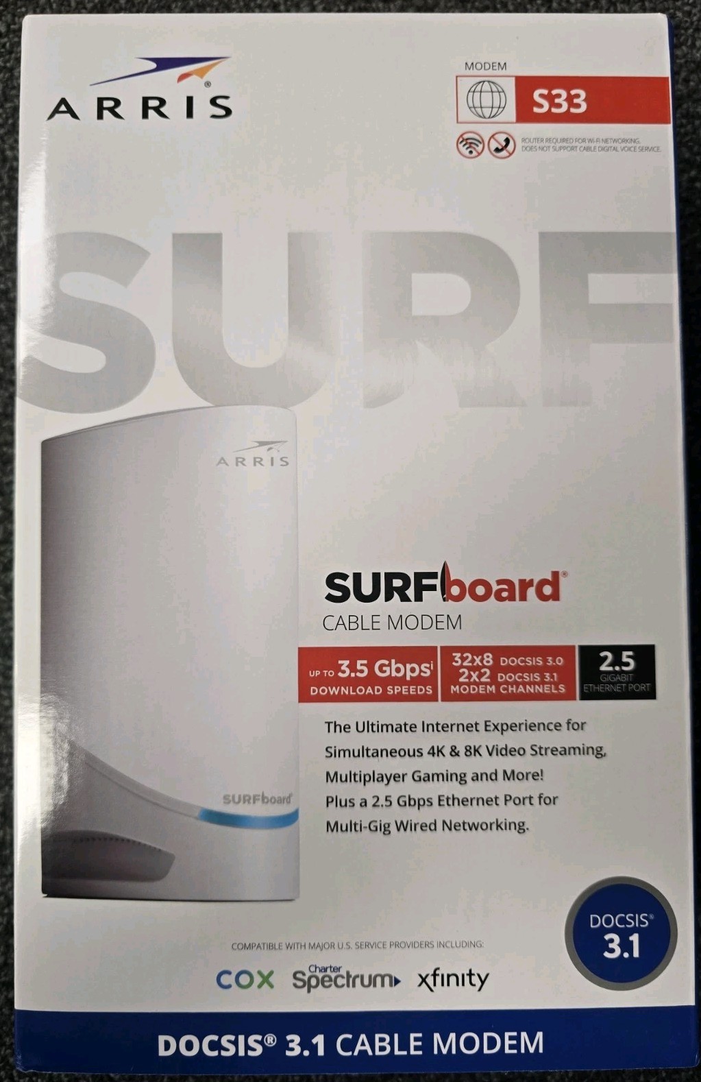 Arris Surfboard S33 V3 DOCSIS 3.1 Multi‑Gig Cable Modem | 2.5Gbps + 1Gbps White