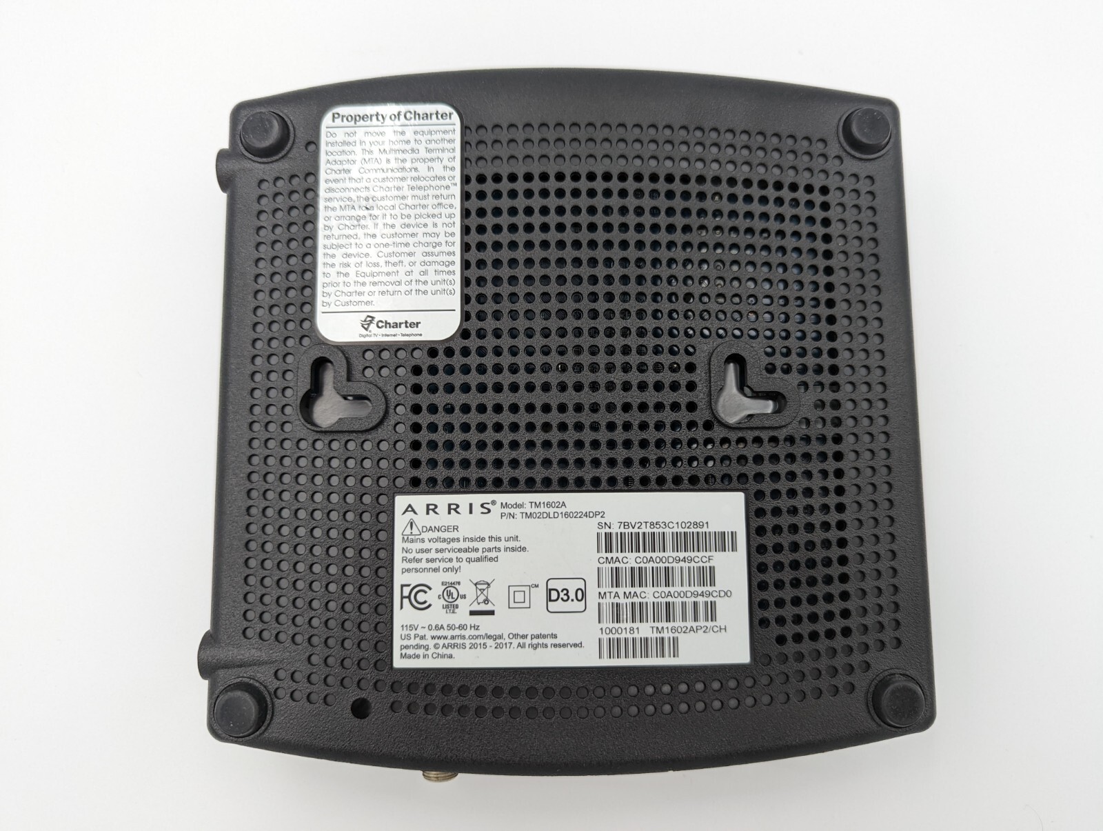 ARRIS Touchstone TM1602A DOCSIS 3.0 Cable Telephony Model Charter