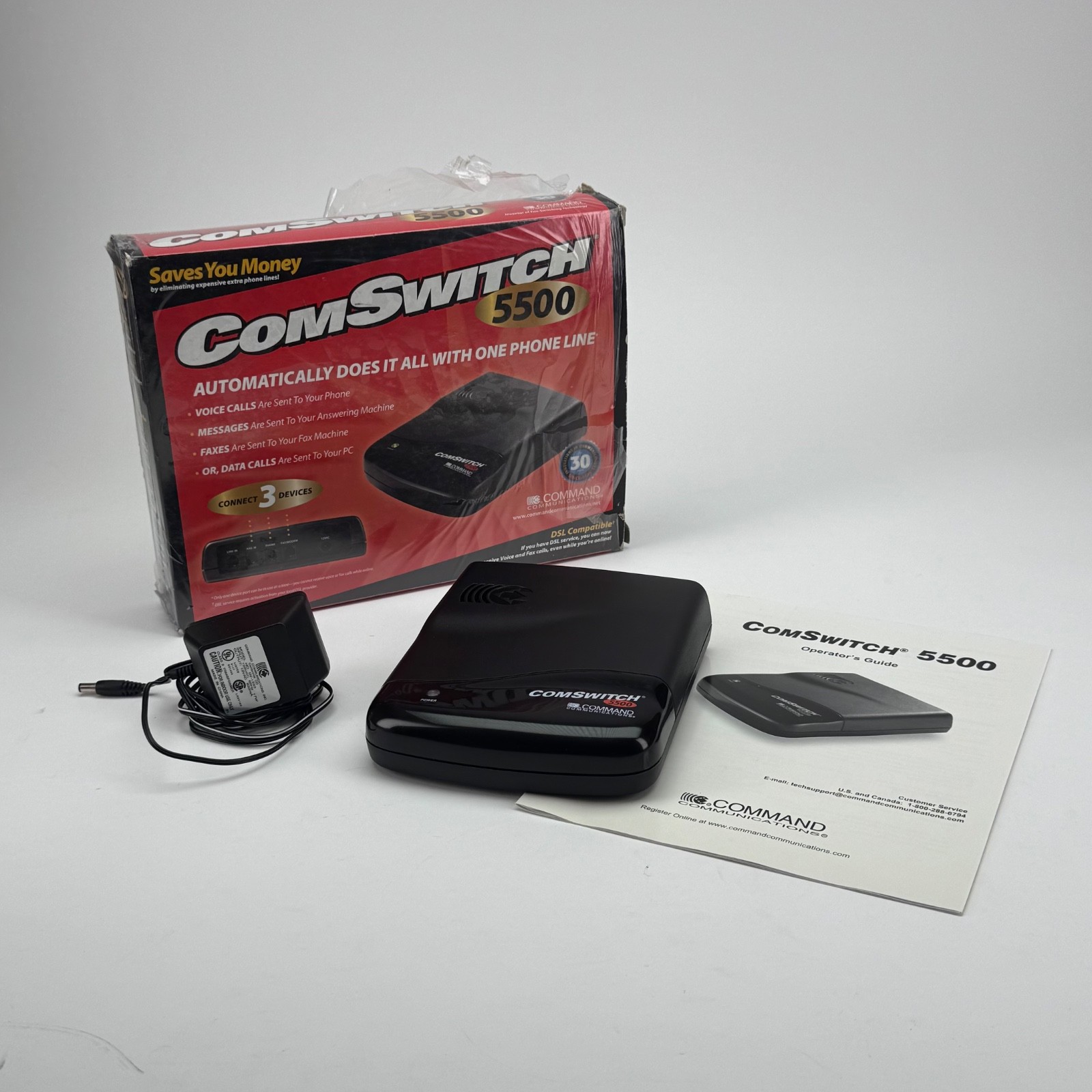 ComSwitch 5500 Phone Line Sharing Switch DSL Fax Modem Router Box w Adapter