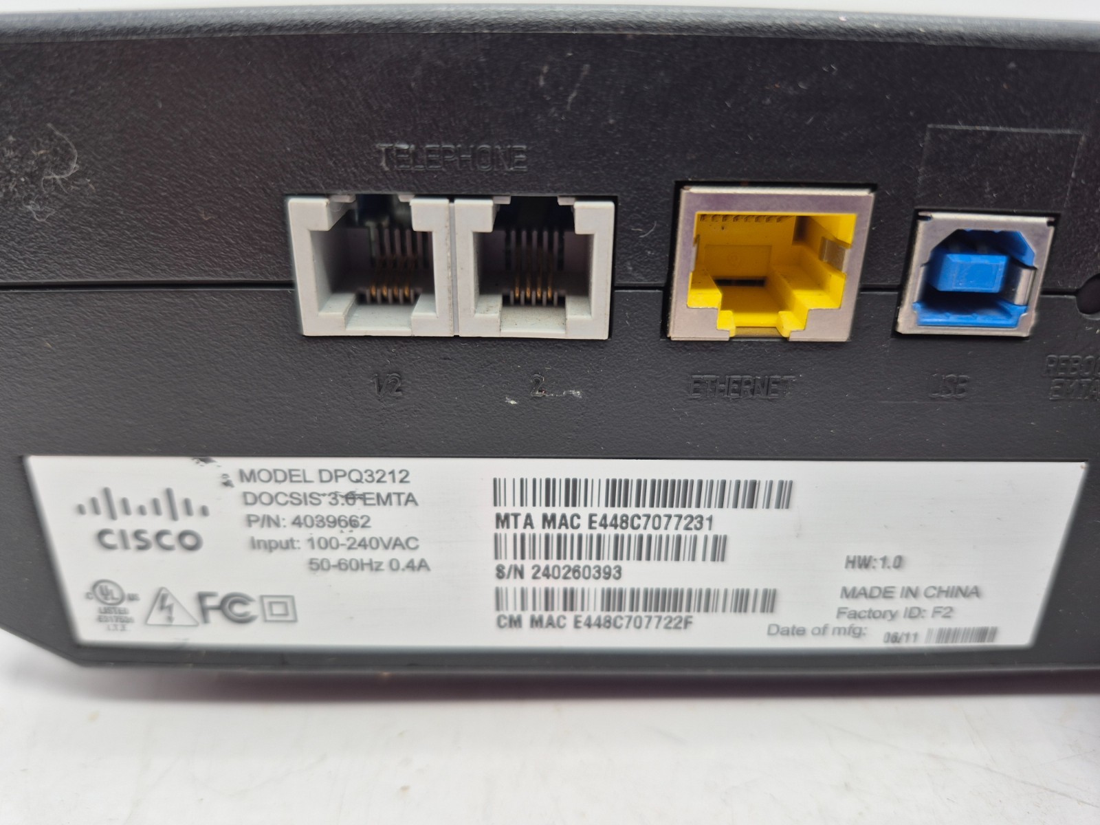 Cisco cable modem DPQ3212-pre owned