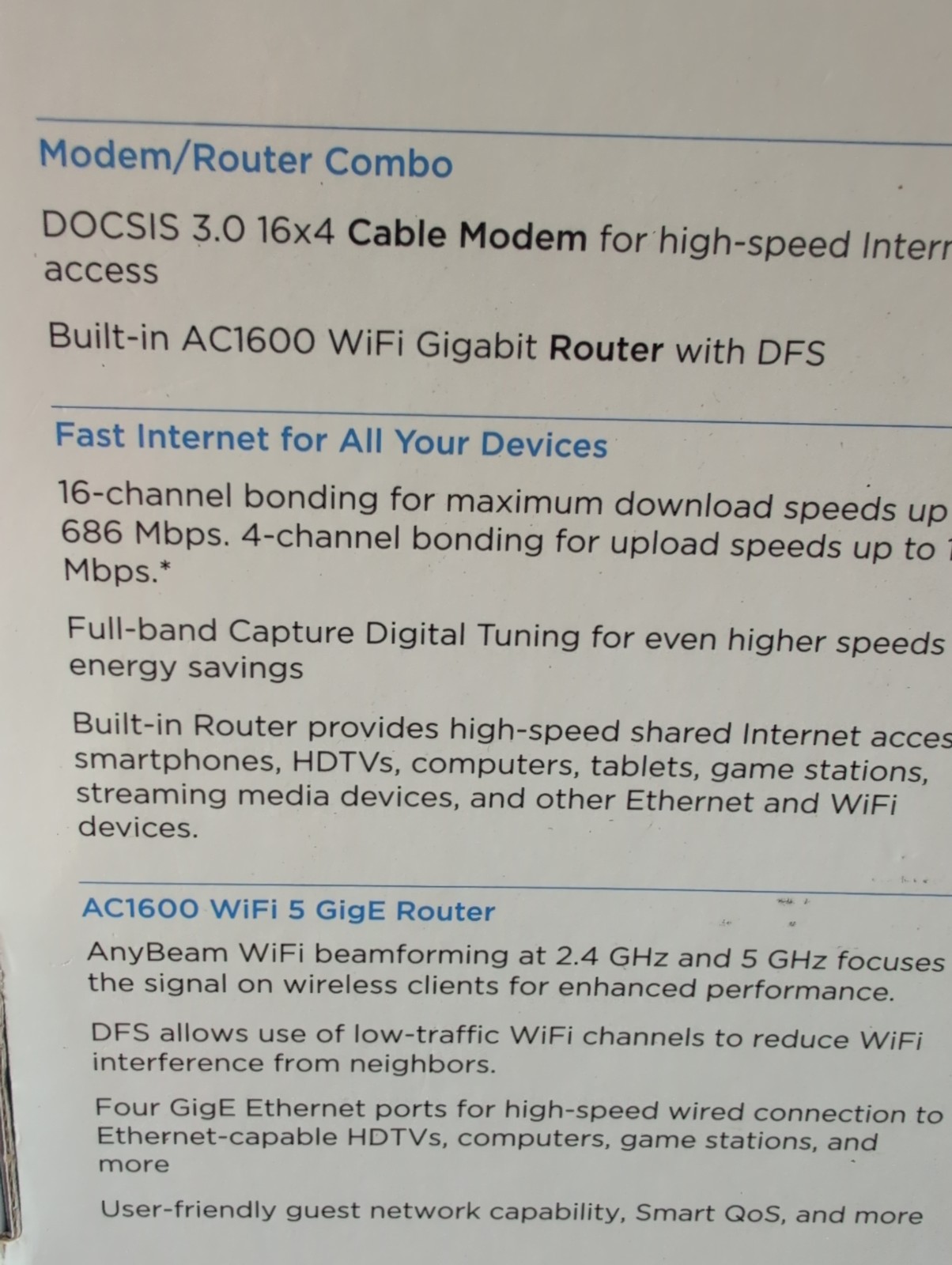 Motorola 16×4 Cable Modem Plus AC1600 WiFi Router MG7540 NO POWER CORD