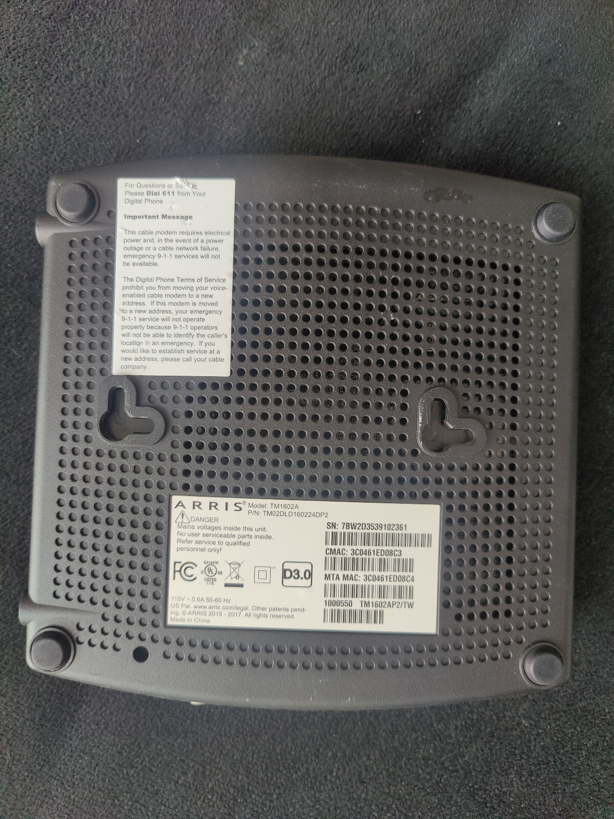 Arris TM1602A DOCSIS 3.0 Telephony Cable Modem
