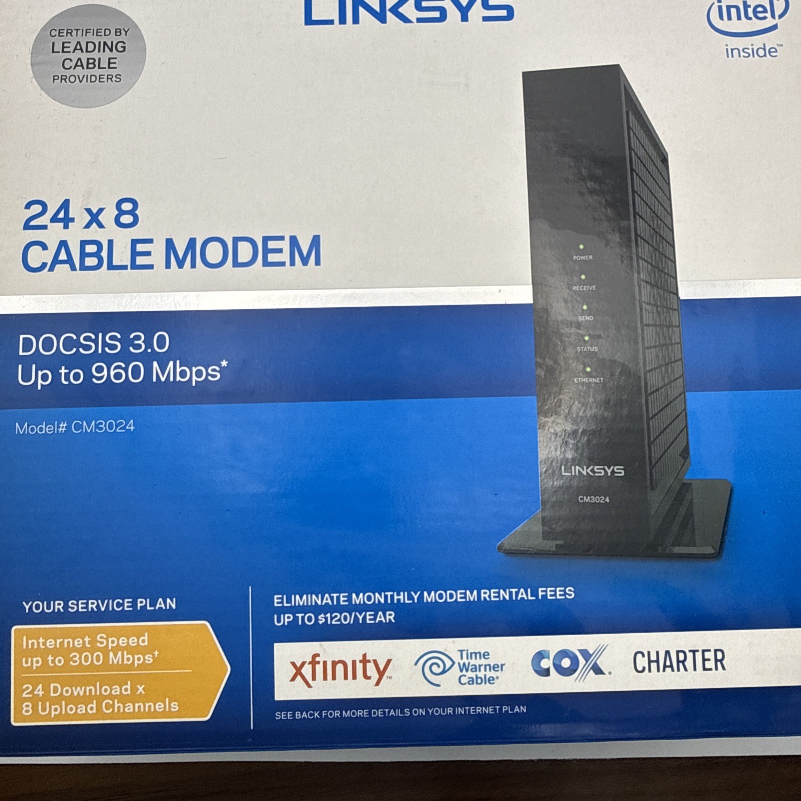 Linksys CM3024 DOCSIS 3.0 24×8 Cable Modem 960Mbps Xfinity Black Intel Inside