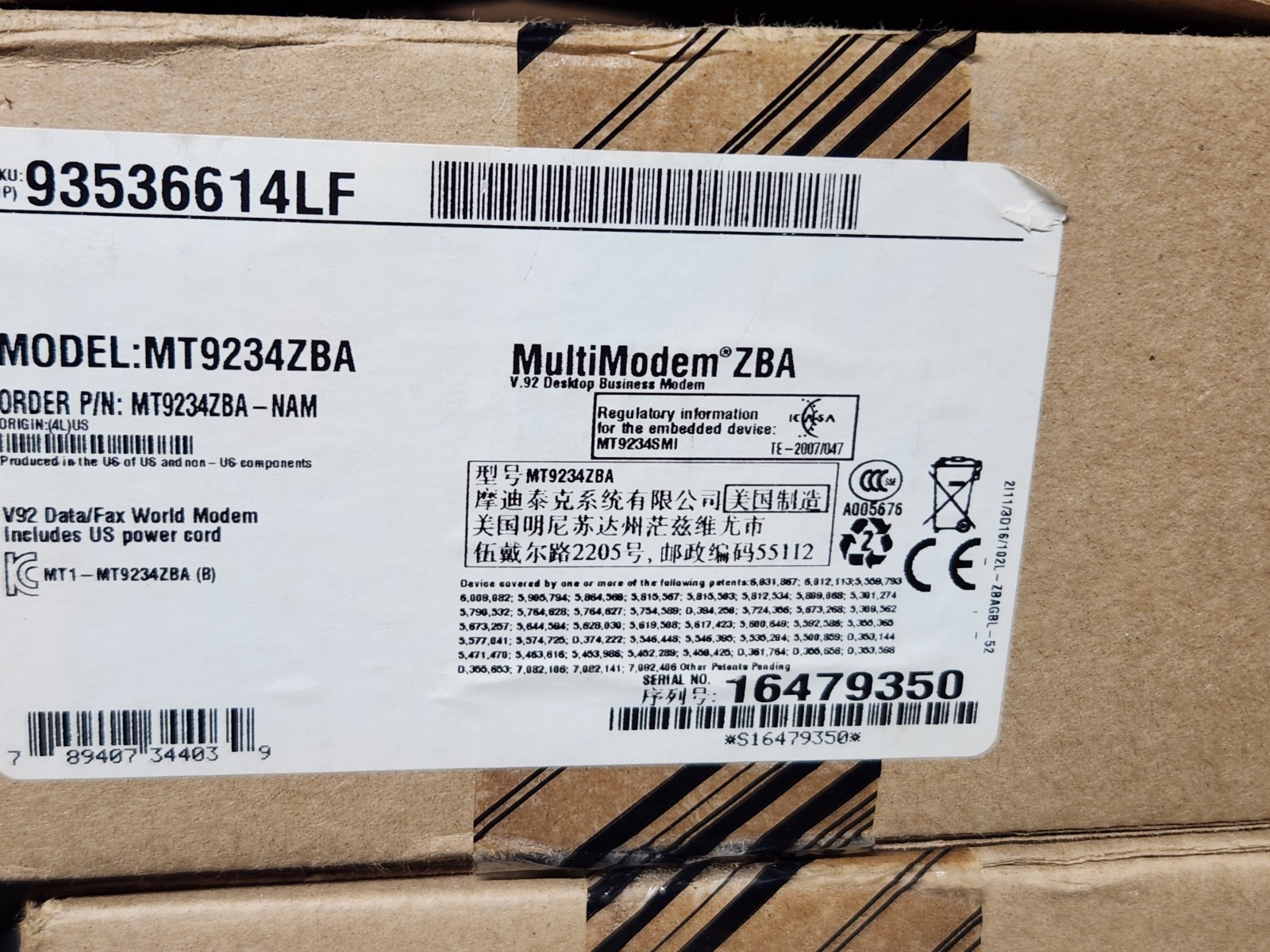Multitech MT9234ZBA-NAM MultiModem ZBA V.92 Data/Fax World Modem New/Open Box