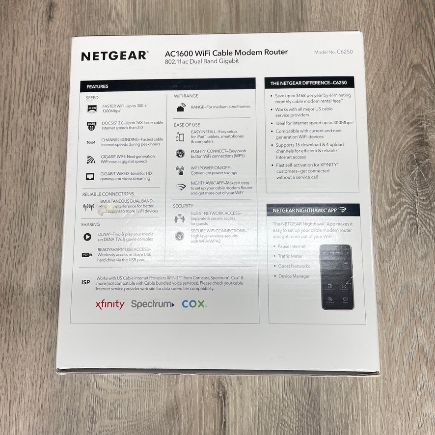 Netgear AC1600 C6250 WiFi Cable Modem Router DOCSIS 3.0 Dual Band Gigabit 802.11