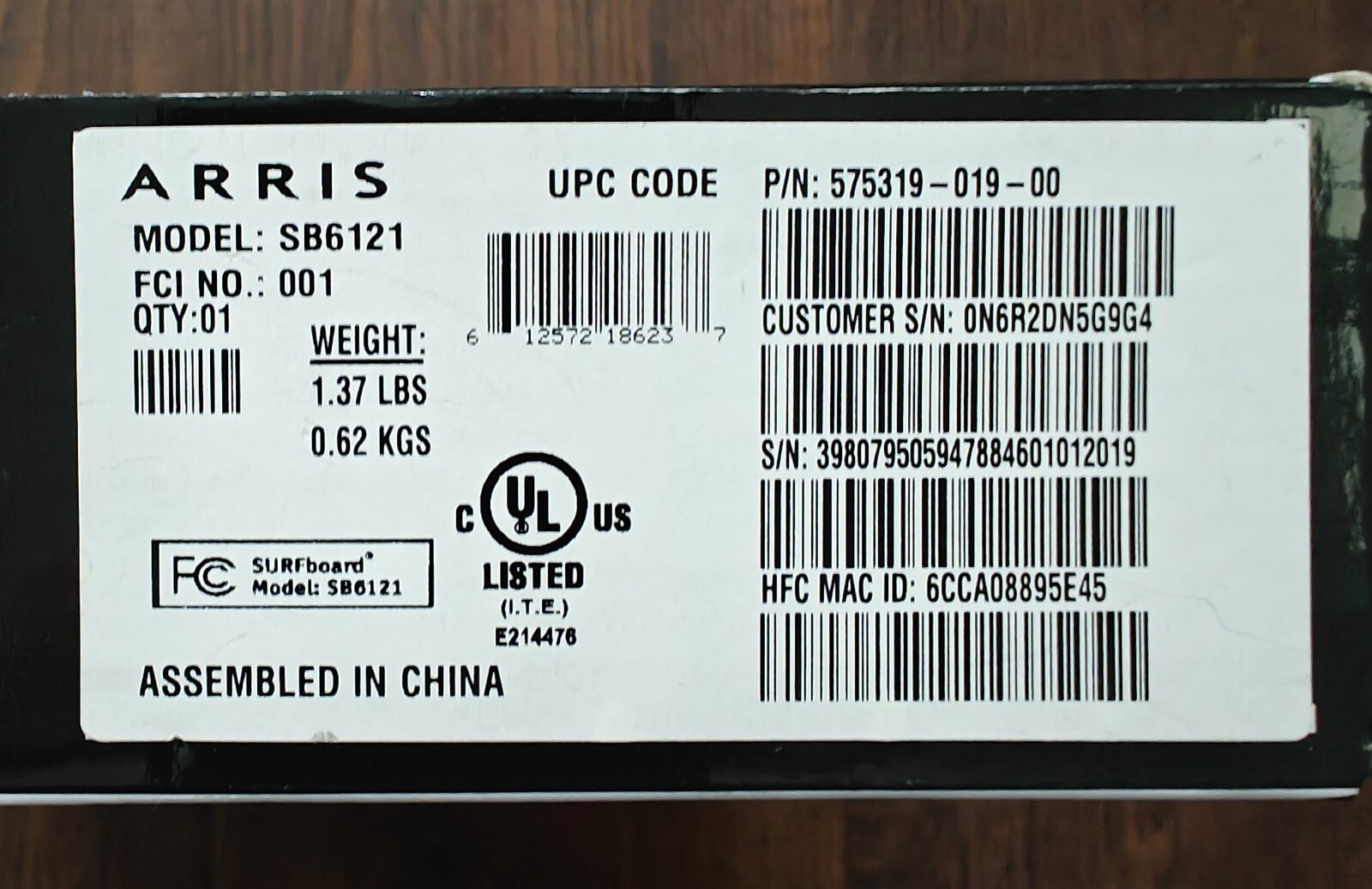 ARRIS MOTOROLA SB6121 – 575319-019-00 SURFboard Docsis 3.0 Cable Modem 172 Mbps