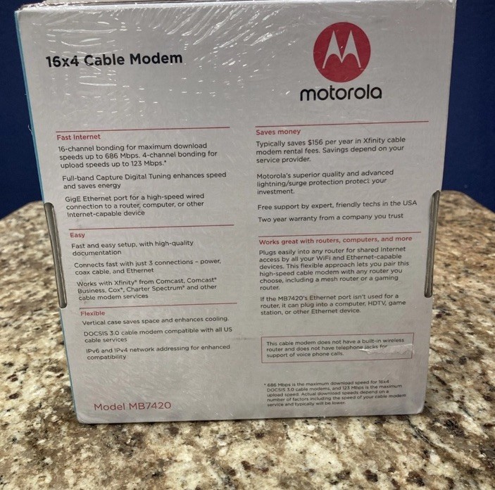 Motorola MB7420 Cable Modem 16×4 New-Sealed NIP 686 MBPS And DOCSIS 3.0 (New)
