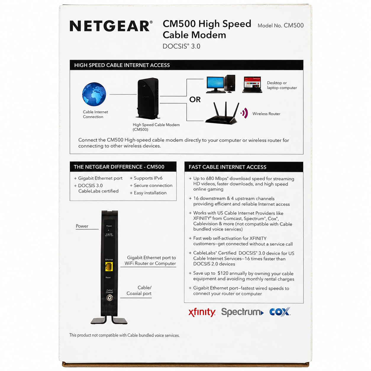 NETGEAR CM500 Cable Modem DOCSIS 3.0 680Mbps Xfinity Spectrum Cox Mediacom