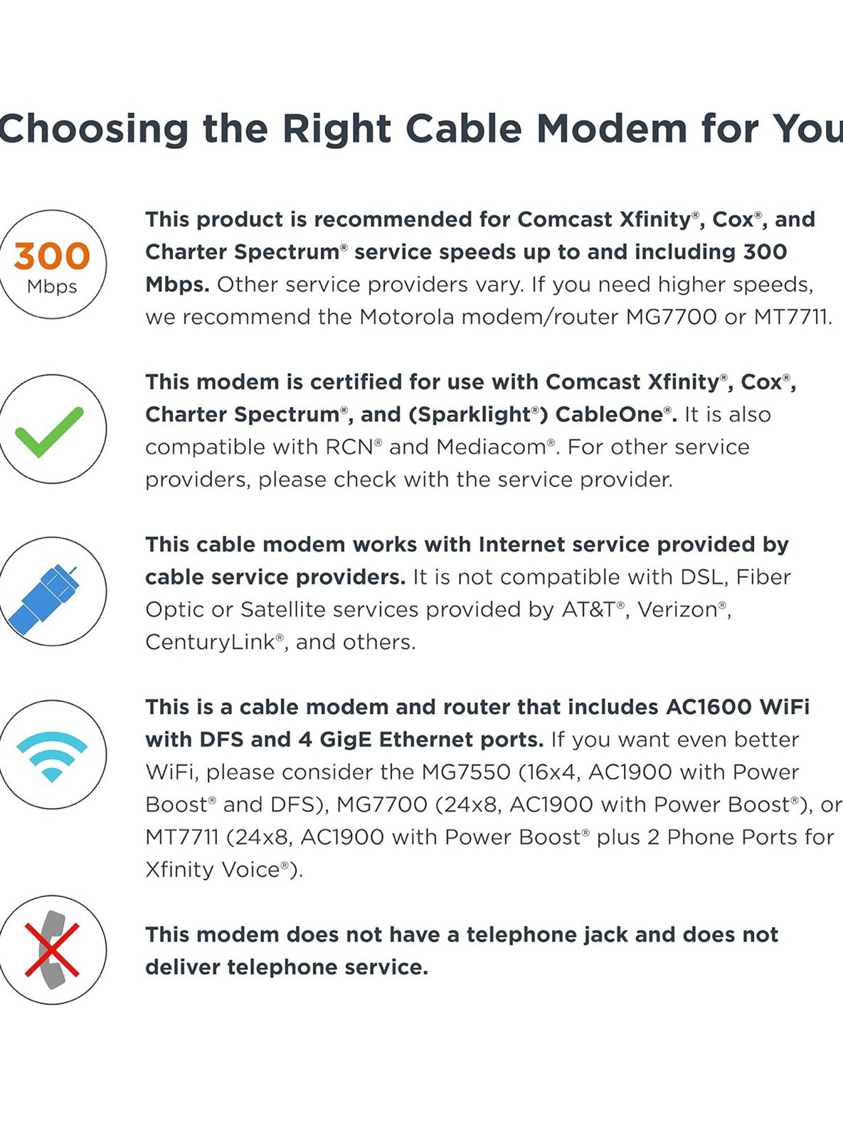 Motorola MG7540 16×4 Cable Modem AC1600 WiFi Router Combo Refurbished