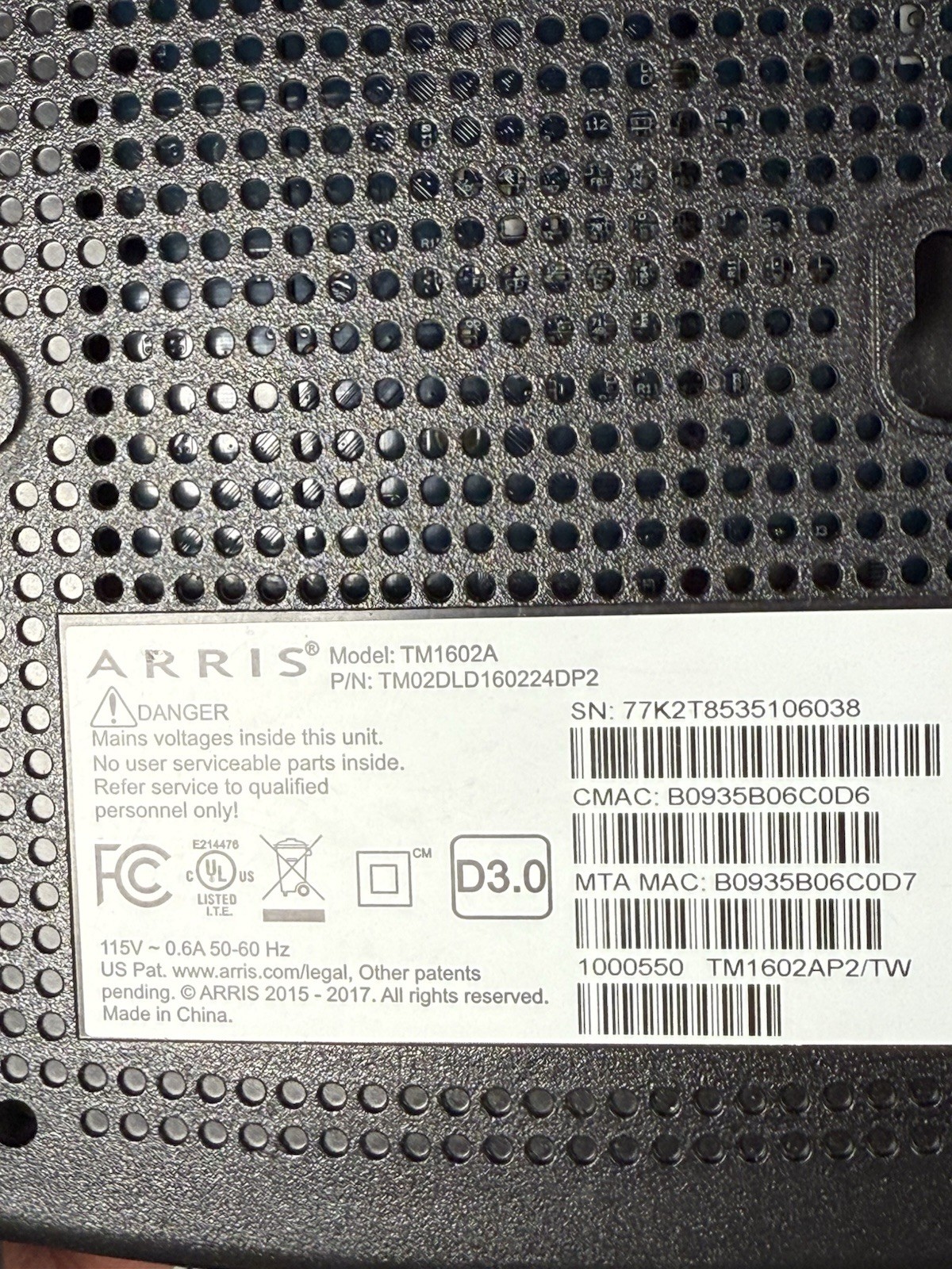 Arris TM1602A Docsis 3.0 Modem Router Optimum Cablevision Untested