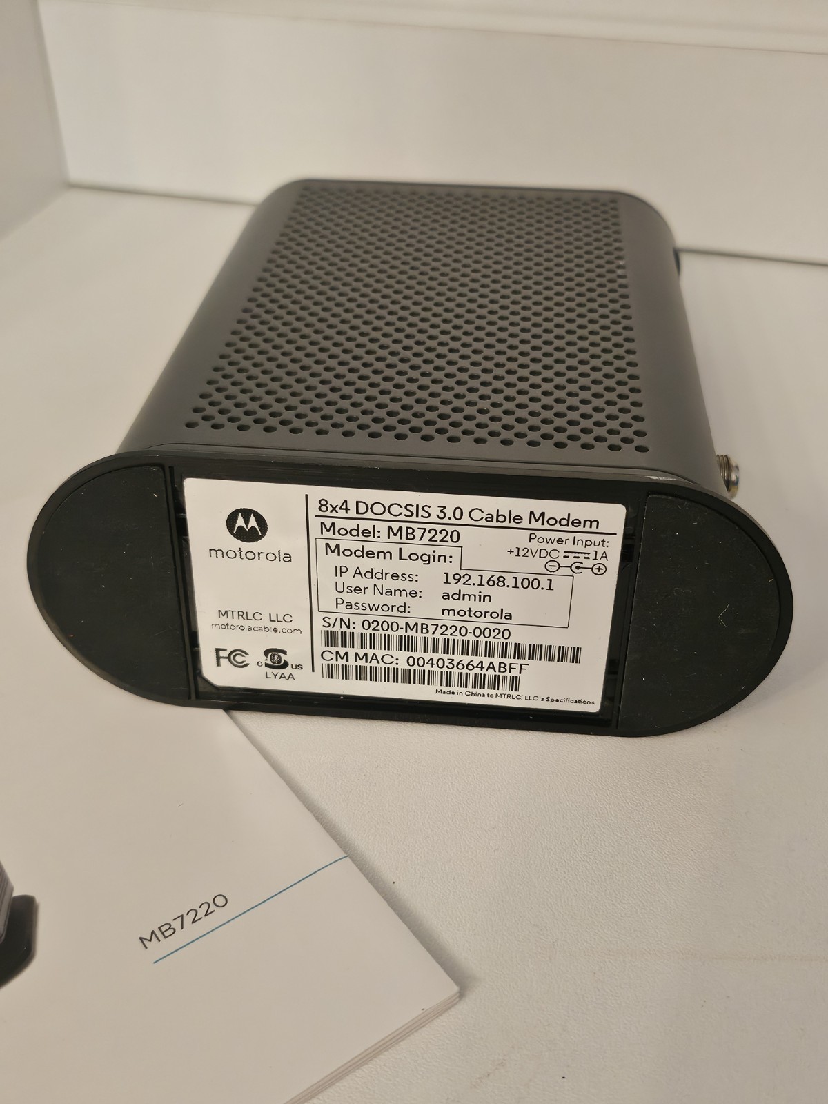 Motorola 8×4 Cable Modem 343 Mbps model MB7220