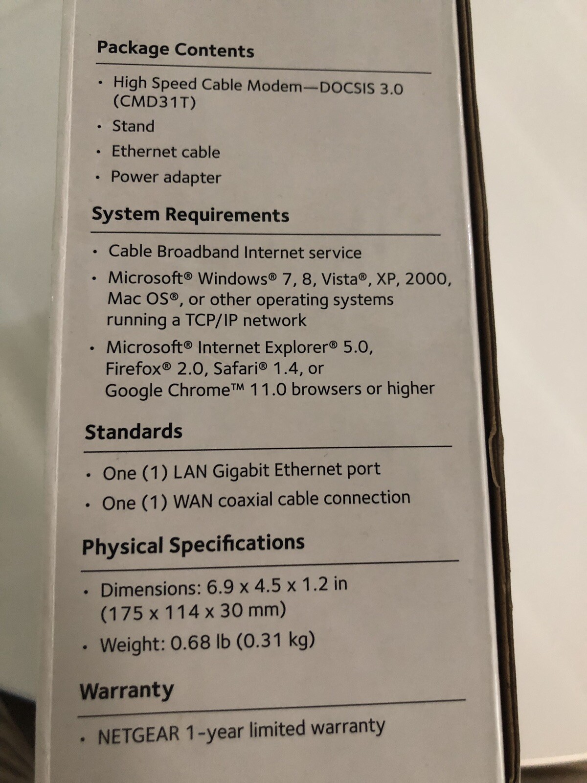 Netgear CMD31T High-Speed Cable Modem DOCSIS 3.0 Used in Original Box