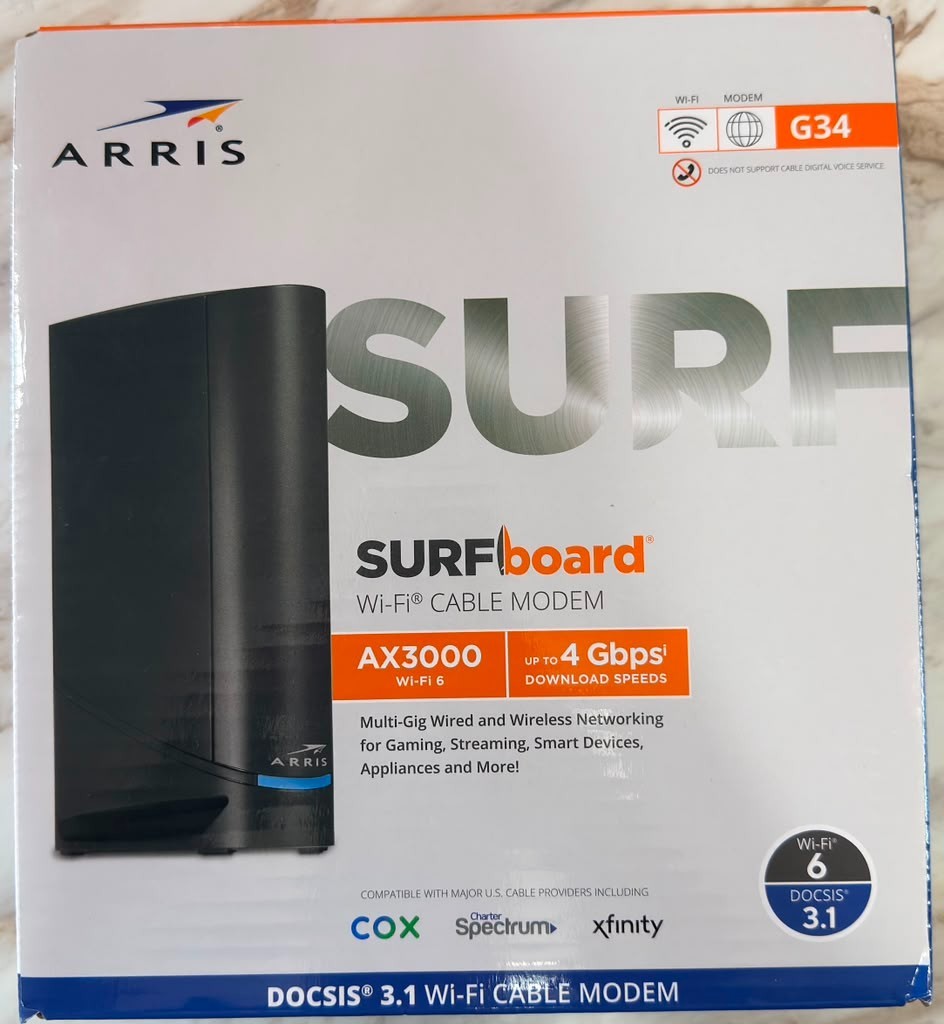 ARRIS Surfboard G34 DOCSIS 3.1 Wi-Fi 6 AX3000 Cable Modem Router Combo – OpenBox
